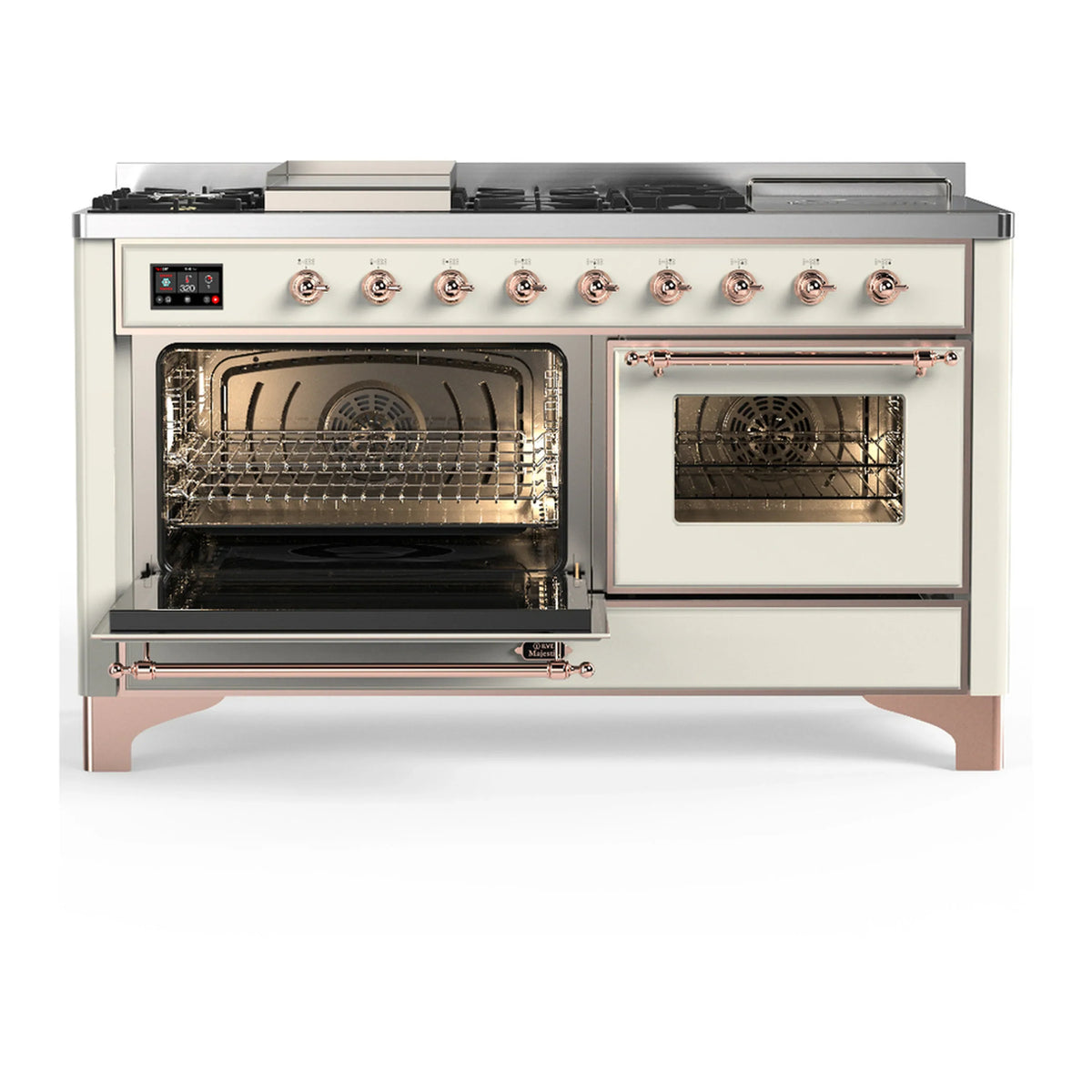 ILVE Majestic III 60-inch Dual Fuel Range with 5 Liquid Propane Burner, Griddle, French Top and Triple Glass Door Electric Oven in Antique White with Copper Trim (UM60FSNR3AWPLP)