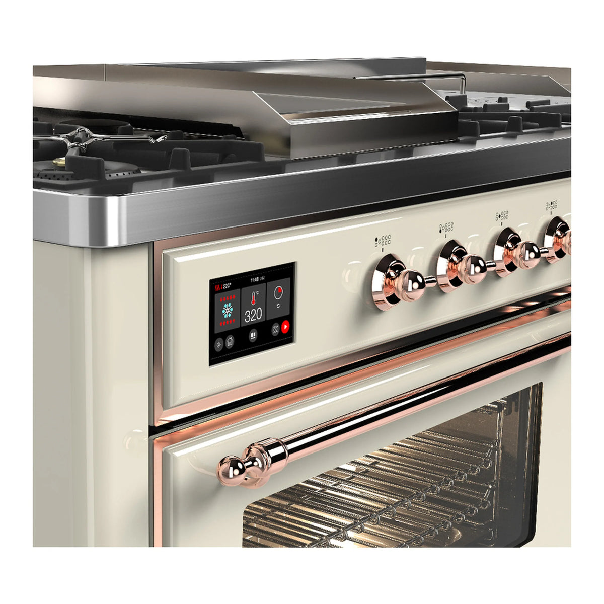 ILVE Majestic III 60-inch Dual Fuel Range with 5 Liquid Propane Burner, Griddle, French Top and Triple Glass Door Electric Oven in Antique White with Copper Trim (UM60FSNR3AWPLP)