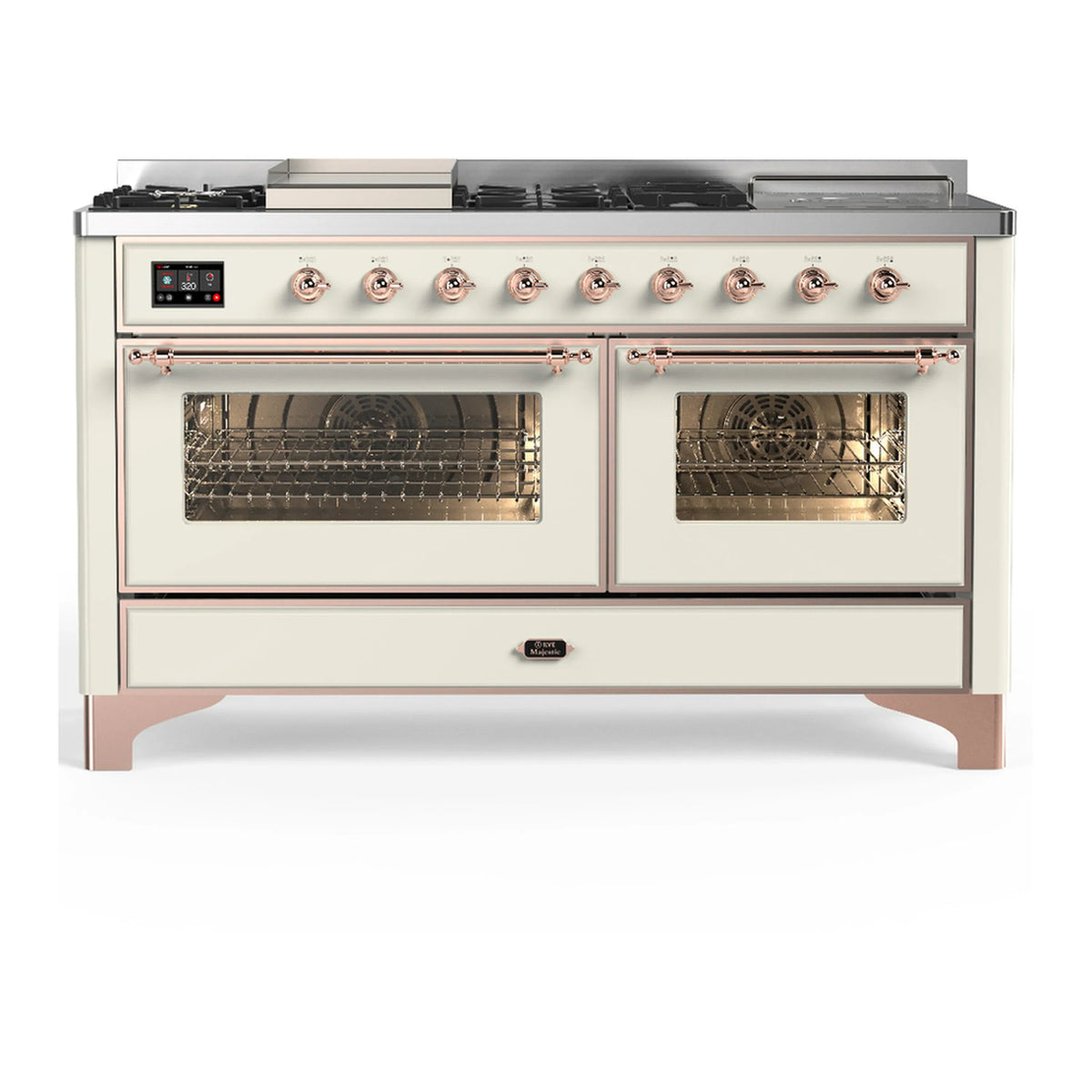 ILVE Majestic III 60-inch Dual Fuel Range with 7 Natural Gas Burner, Griddle, French Top and Triple Glass Door Electric Oven in Antique White with Copper Trim (UM60FSNR3AWP)