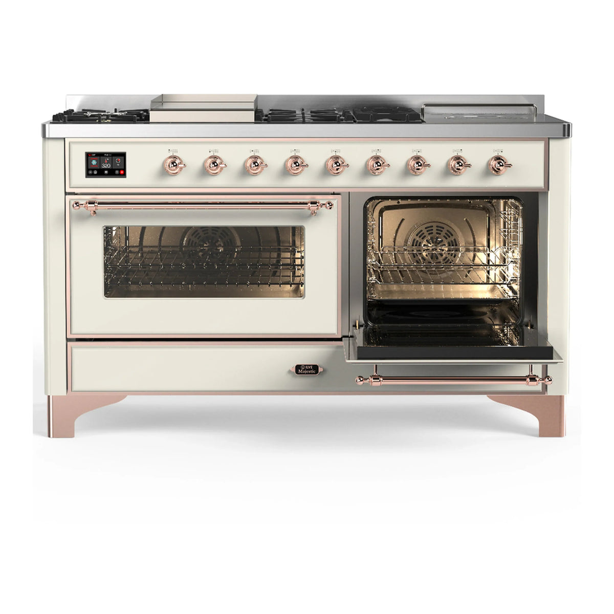 ILVE Majestic III 60-inch Dual Fuel Range with 7 Natural Gas Burner, Griddle, French Top and Triple Glass Door Electric Oven in Antique White with Copper Trim (UM60FSNR3AWP)