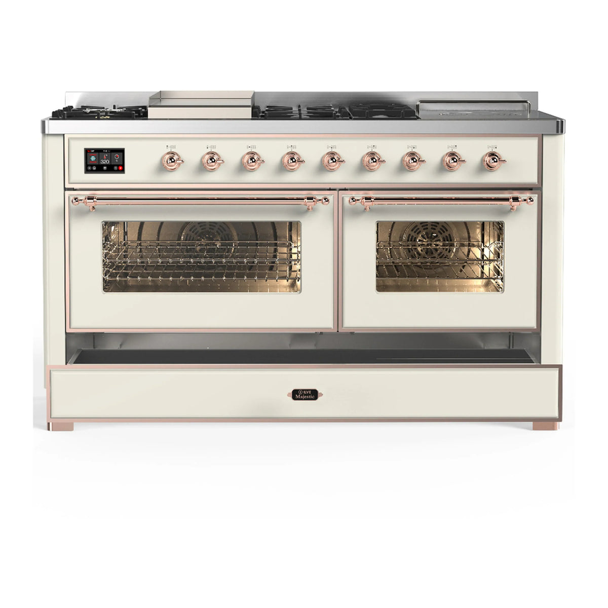 ILVE Majestic III 60-inch Dual Fuel Range with 7 Natural Gas Burner, Griddle, French Top and Triple Glass Door Electric Oven in Antique White with Copper Trim (UM60FSNR3AWP)