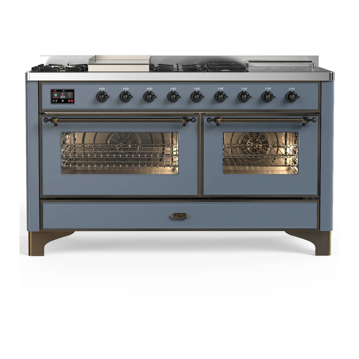 ILVE Majestic III 60-inch Dual Fuel Range with 5 Liquid Propane Burner, Griddle, French Top and Triple Glass Door Electric Oven in Blue Grey with Burnished Trim (UM60FSNR3BGBLP)