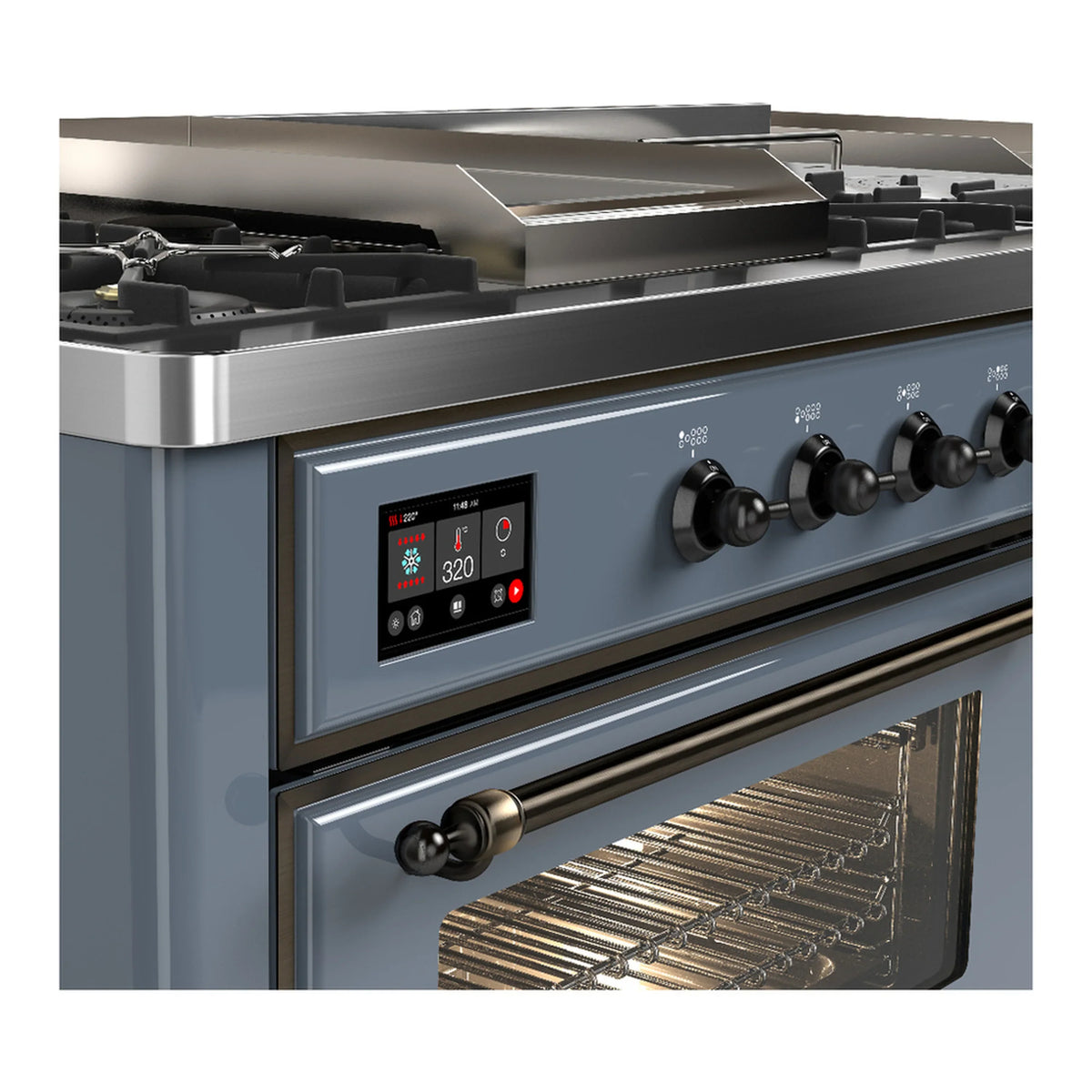 ILVE Majestic III 60-inch Dual Fuel Range with 7 Natural Gas Burner, Griddle, French Top and Triple Glass Door Electric Oven in Blue Grey with Burnished Trim (UM60FSNR3BGB)
