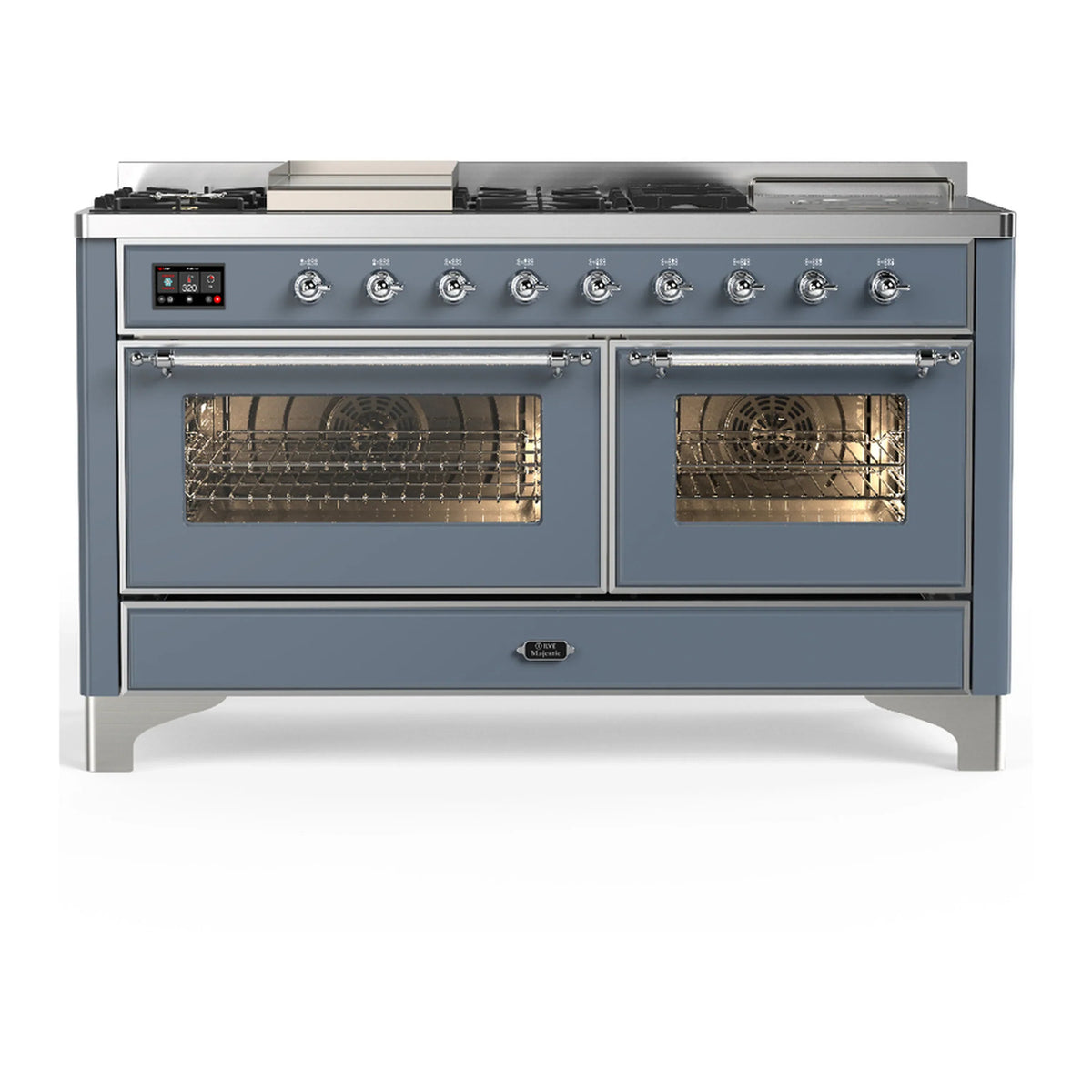 ILVE Majestic III 60-inch Dual Fuel Range with 5 Liquid Propane Burner, Griddle, French Top and Triple Glass Door Electric Oven in Blue Grey with Chrome Trim (UM60FSNR3BGCLP)