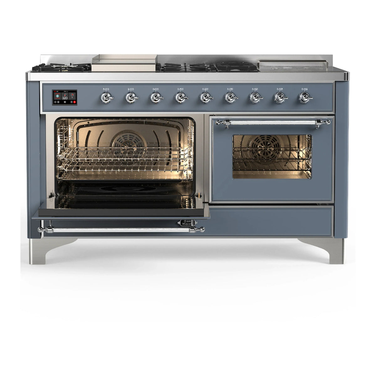 ILVE Majestic III 60-inch Dual Fuel Range with 5 Liquid Propane Burner, Griddle, French Top and Triple Glass Door Electric Oven in Blue Grey with Chrome Trim (UM60FSNR3BGCLP)