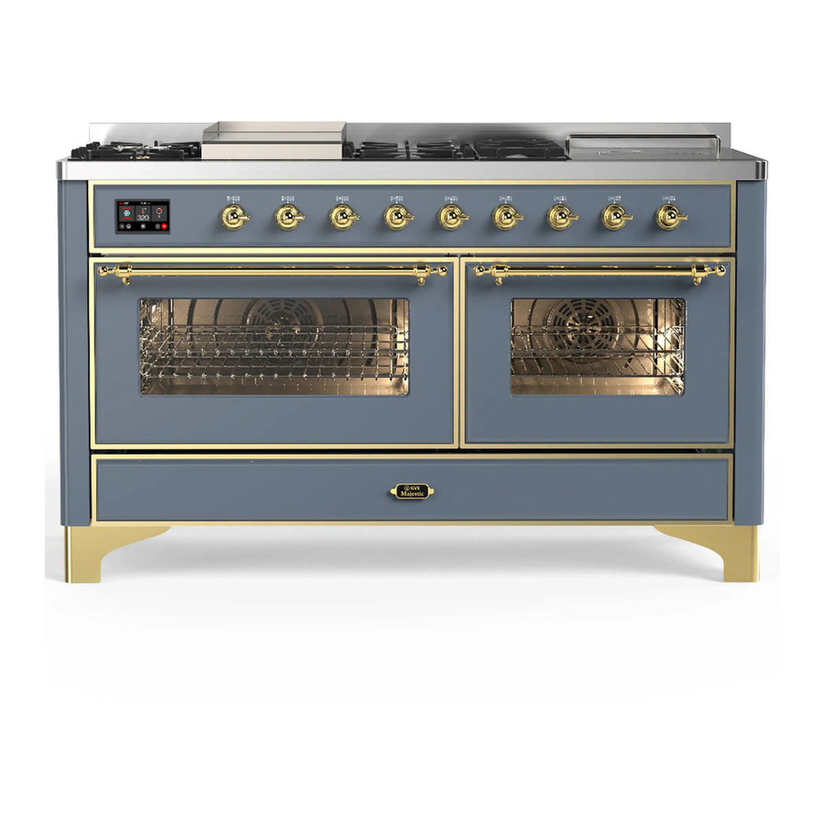 ILVE Majestic III 60-Inch NG Dual Fuel Range, 7 Burners, Griddle, French Top, Triple Glass Door, Blue Grey with Brass Trim (UM60FSNR3BGG)