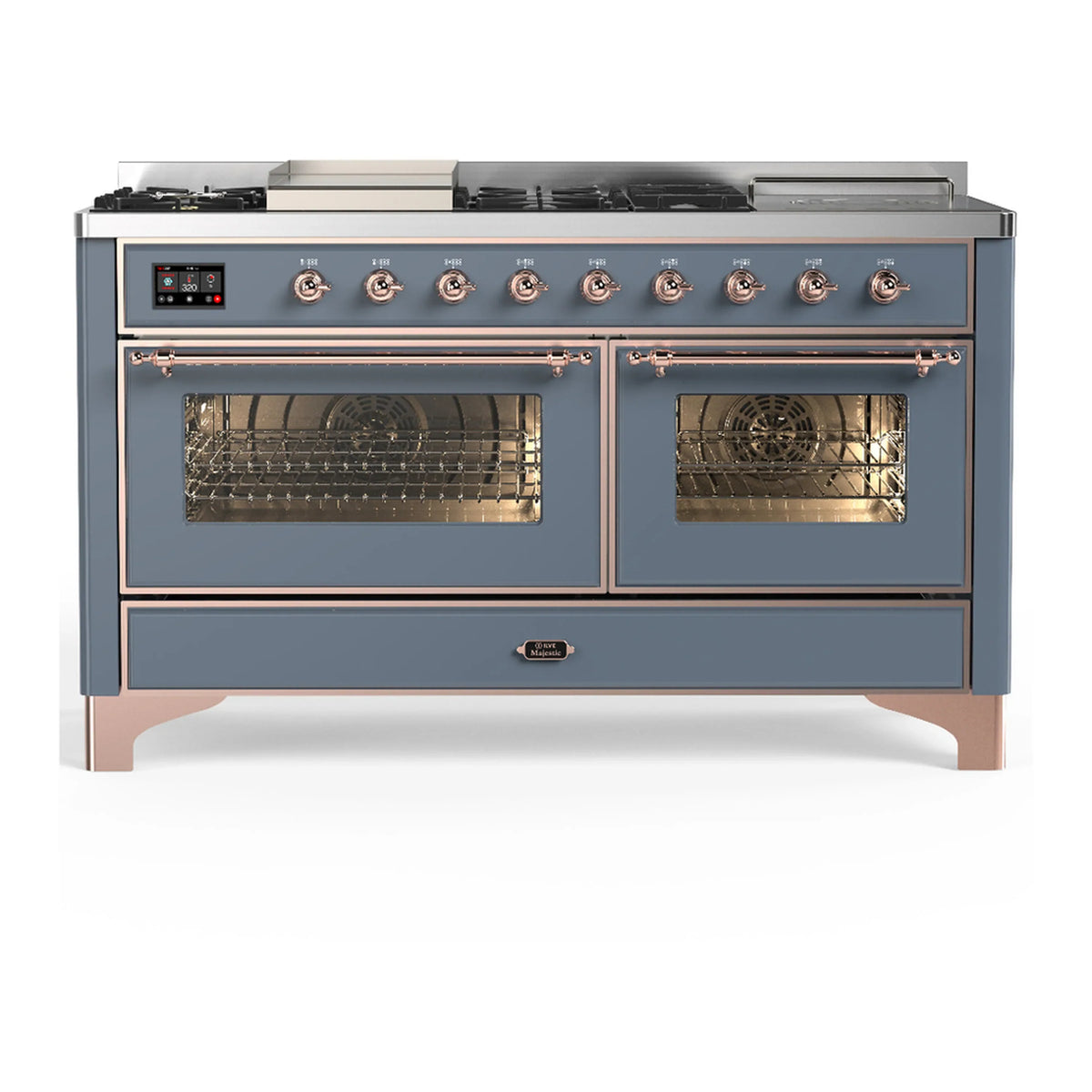 ILVE Majestic III 60-inch Dual Fuel Range with 7 Natural Gas Burner, Griddle, French Top and Triple Glass Door Electric Oven in Blue Grey with Copper Trim (UM60FSNR3BGP)