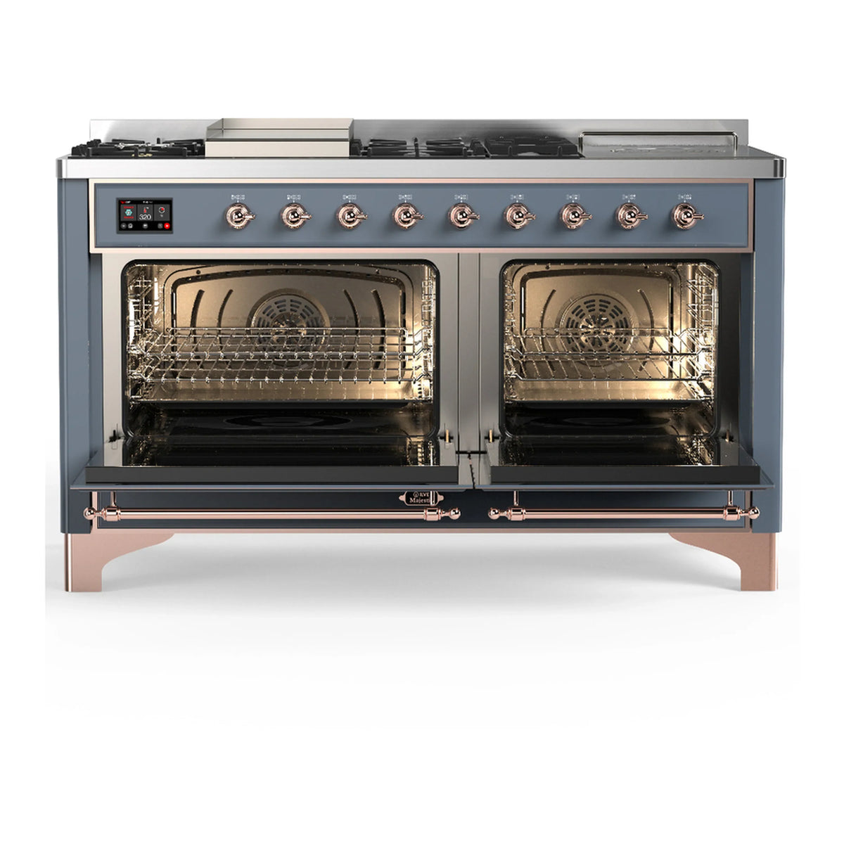 ILVE Majestic III 60-inch Dual Fuel Range with 7 Natural Gas Burner, Griddle, French Top and Triple Glass Door Electric Oven in Blue Grey with Copper Trim (UM60FSNR3BGP)