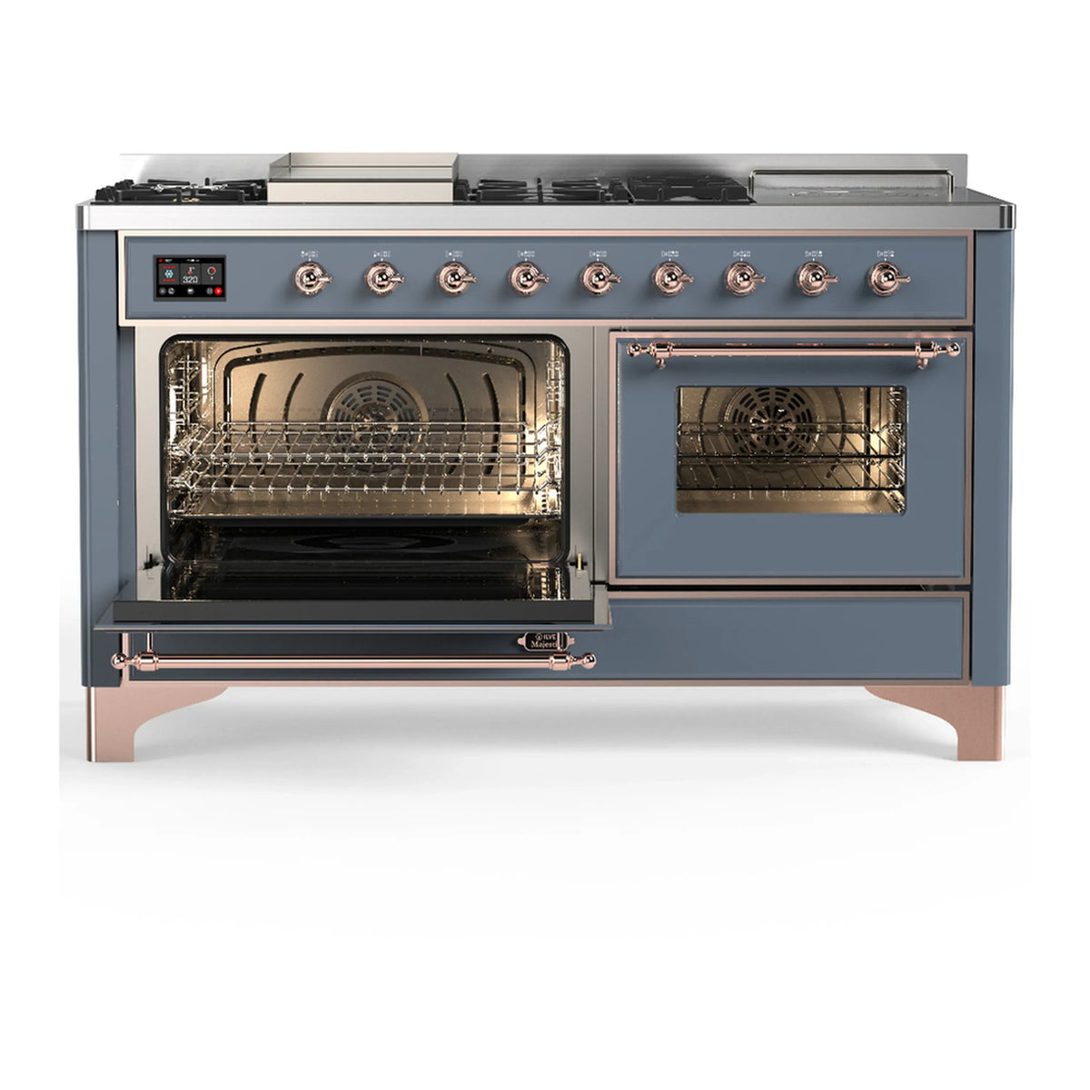 ILVE Majestic III 60-inch Dual Fuel Range with 7 Natural Gas Burner, Griddle, French Top and Triple Glass Door Electric Oven in Blue Grey with Copper Trim (UM60FSNR3BGP)