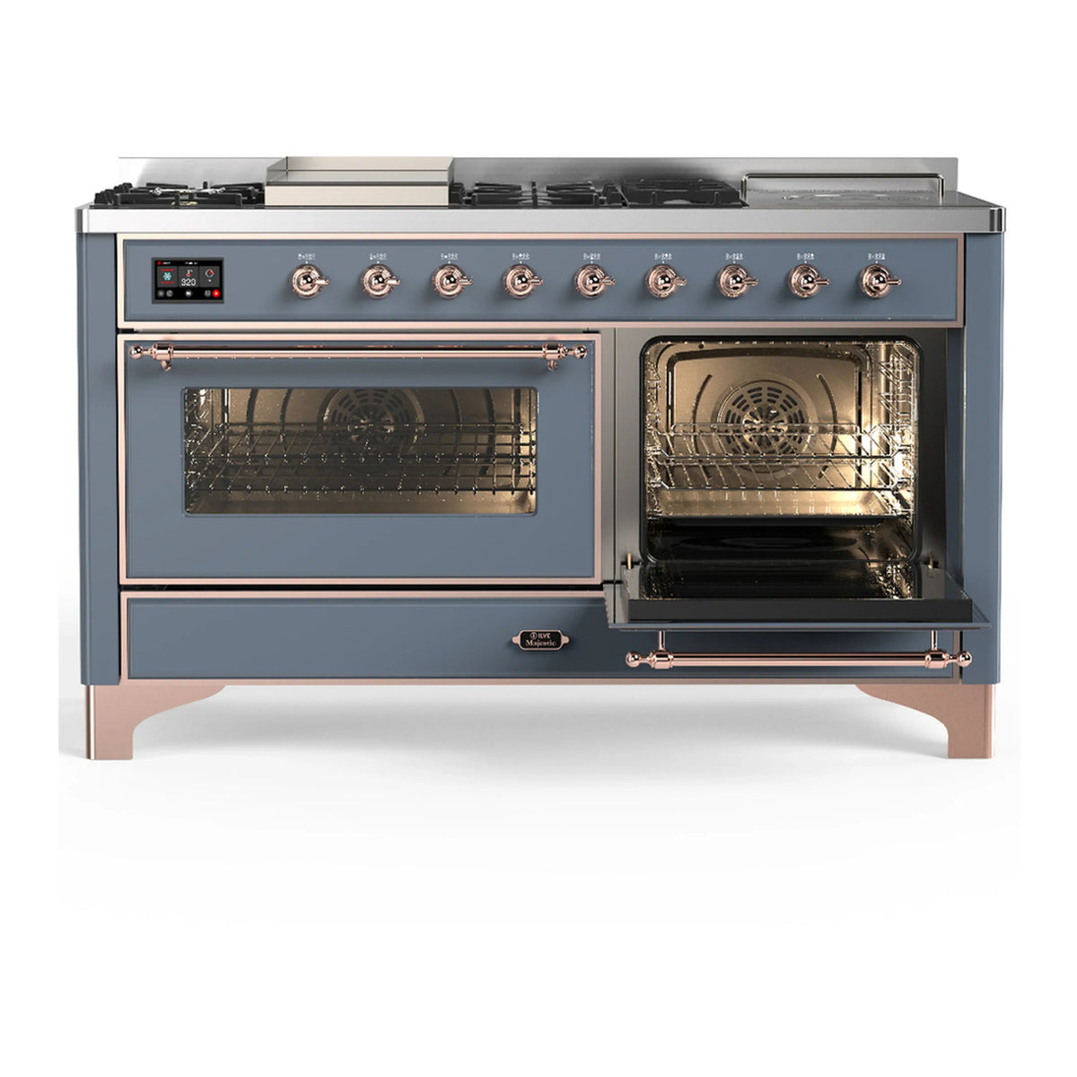 ILVE Majestic III 60-inch Dual Fuel Range with 7 Natural Gas Burner, Griddle, French Top and Triple Glass Door Electric Oven in Blue Grey with Copper Trim (UM60FSNR3BGP)