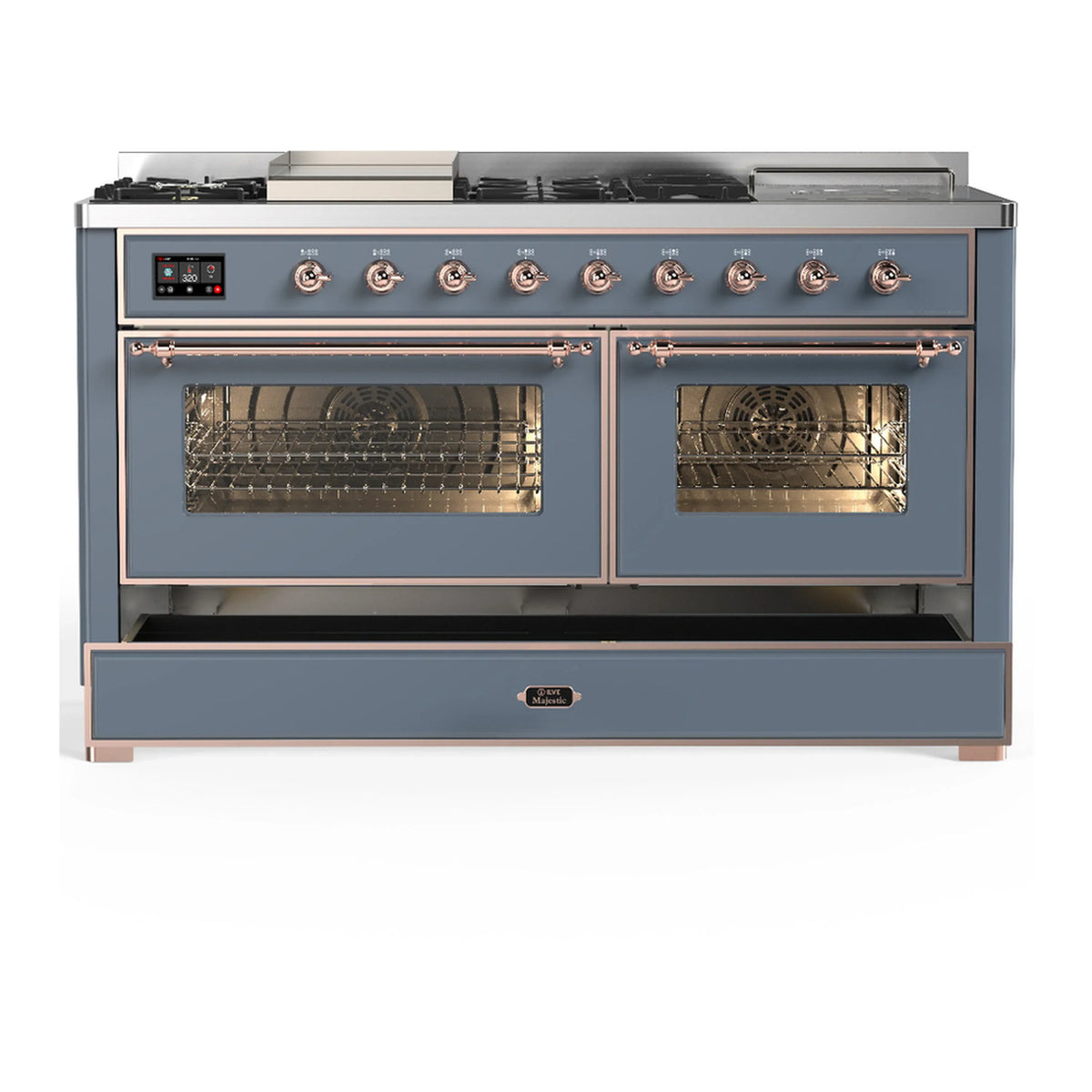 ILVE Majestic III 60-inch Dual Fuel Range with 7 Natural Gas Burner, Griddle, French Top and Triple Glass Door Electric Oven in Blue Grey with Copper Trim (UM60FSNR3BGP)