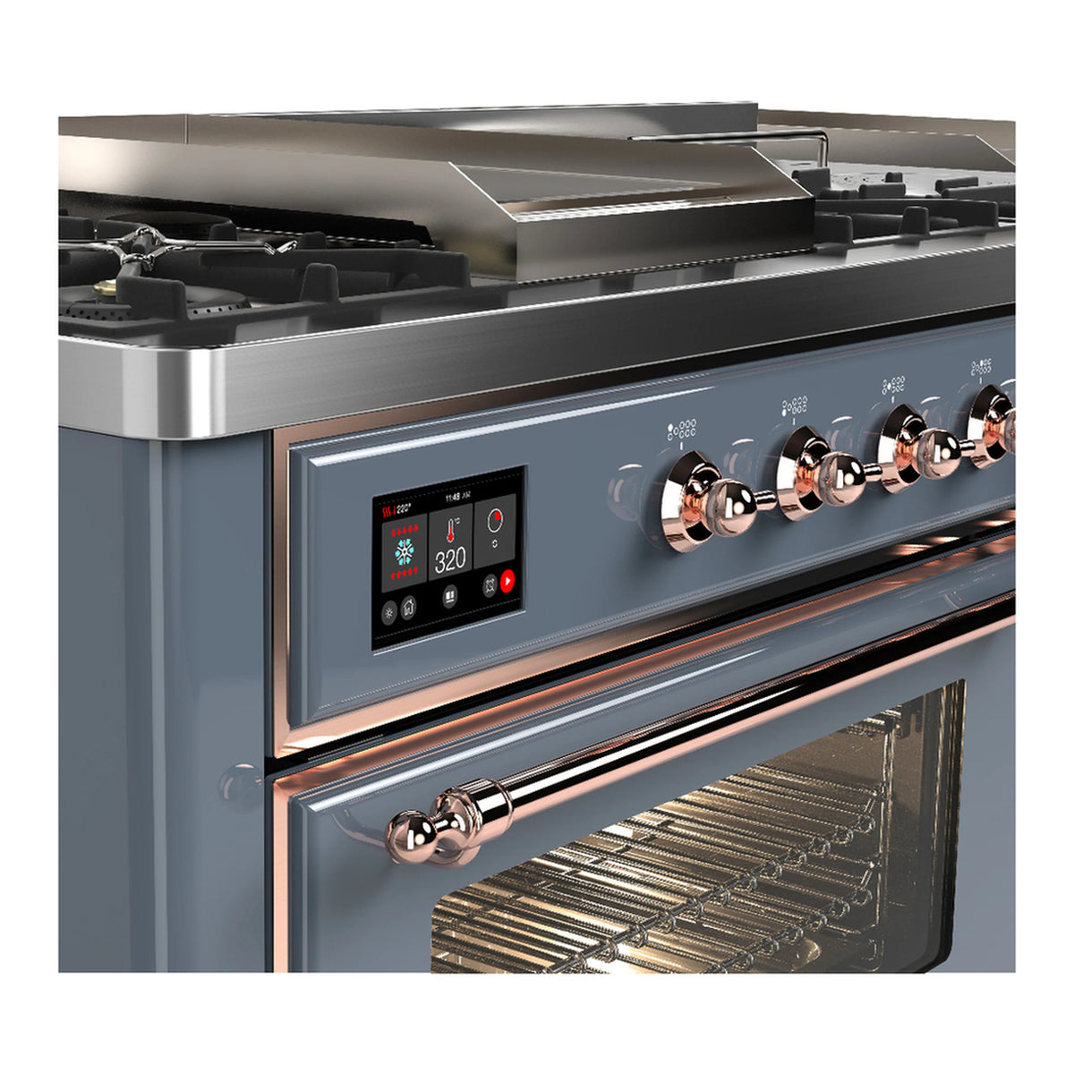 ILVE Majestic III 60-inch Dual Fuel Range with 7 Natural Gas Burner, Griddle, French Top and Triple Glass Door Electric Oven in Blue Grey with Copper Trim (UM60FSNR3BGP)