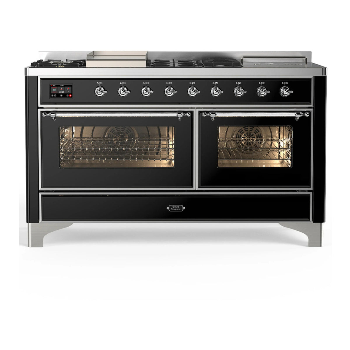 ILVE Majestic III 60-inch Dual Fuel Range with 7 Natural Gas Burner, Griddle, French Top and Triple Glass Door Electric Oven in Glossy Black with Chrome Trim (UM60FSNR3BKC)