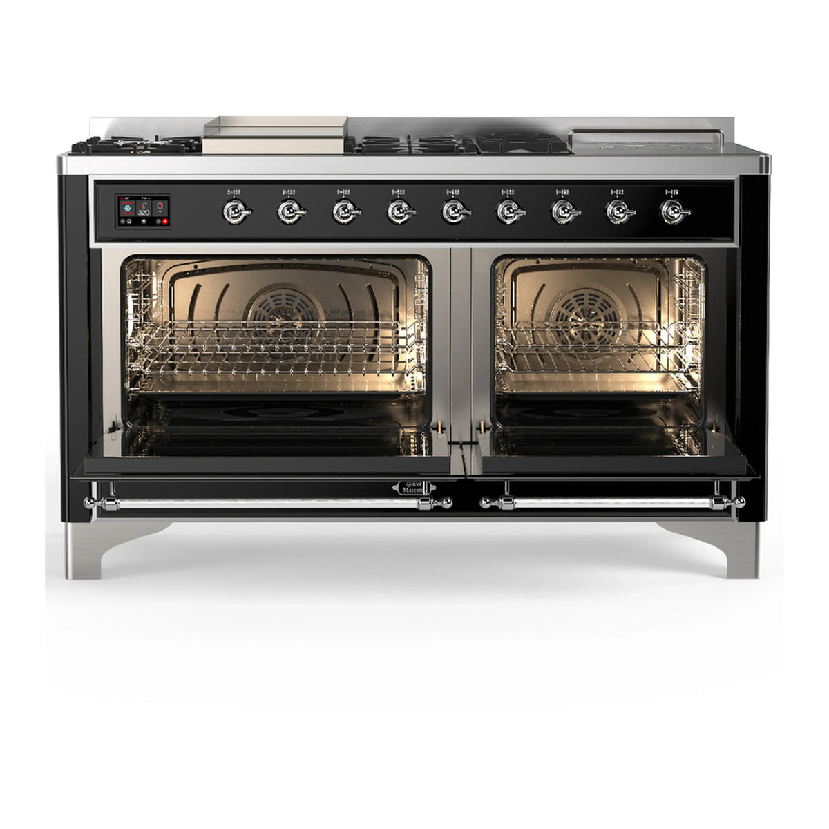 ILVE Majestic III 60-inch Dual Fuel Range with 7 Natural Gas Burner, Griddle, French Top and Triple Glass Door Electric Oven in Glossy Black with Chrome Trim (UM60FSNR3BKC)