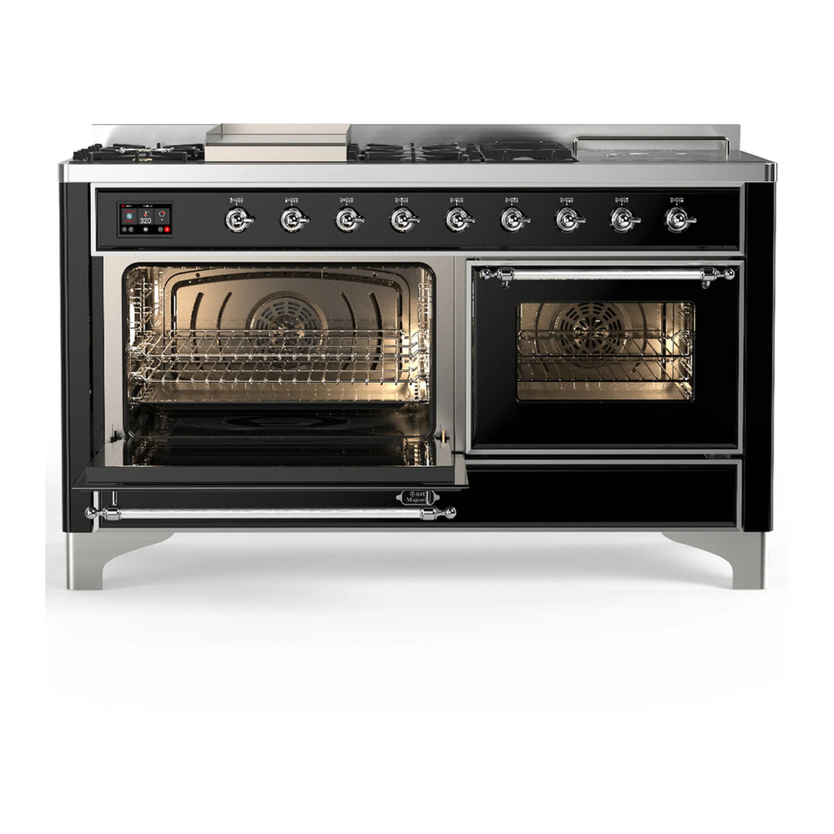 ILVE Majestic III 60-inch Dual Fuel Range with 7 Natural Gas Burner, Griddle, French Top and Triple Glass Door Electric Oven in Glossy Black with Chrome Trim (UM60FSNR3BKC)