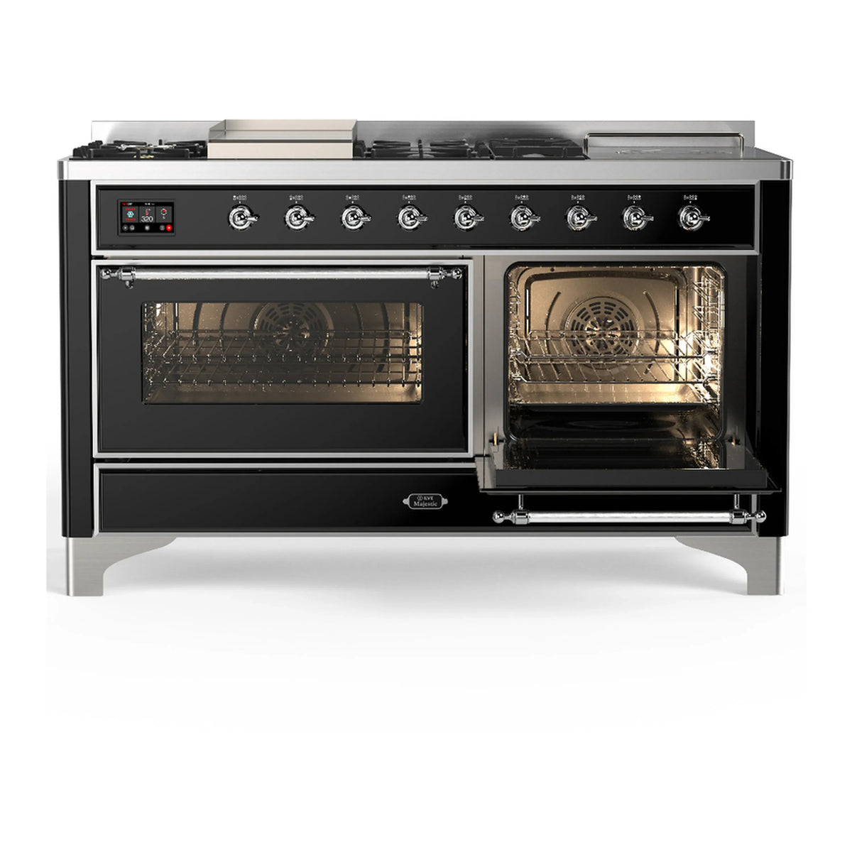 ILVE Majestic III 60-inch Dual Fuel Range with 7 Natural Gas Burner, Griddle, French Top and Triple Glass Door Electric Oven in Glossy Black with Chrome Trim (UM60FSNR3BKC)