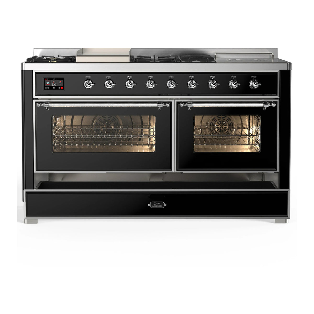 ILVE Majestic III 60-inch Dual Fuel Range with 7 Natural Gas Burner, Griddle, French Top and Triple Glass Door Electric Oven in Glossy Black with Chrome Trim (UM60FSNR3BKC)