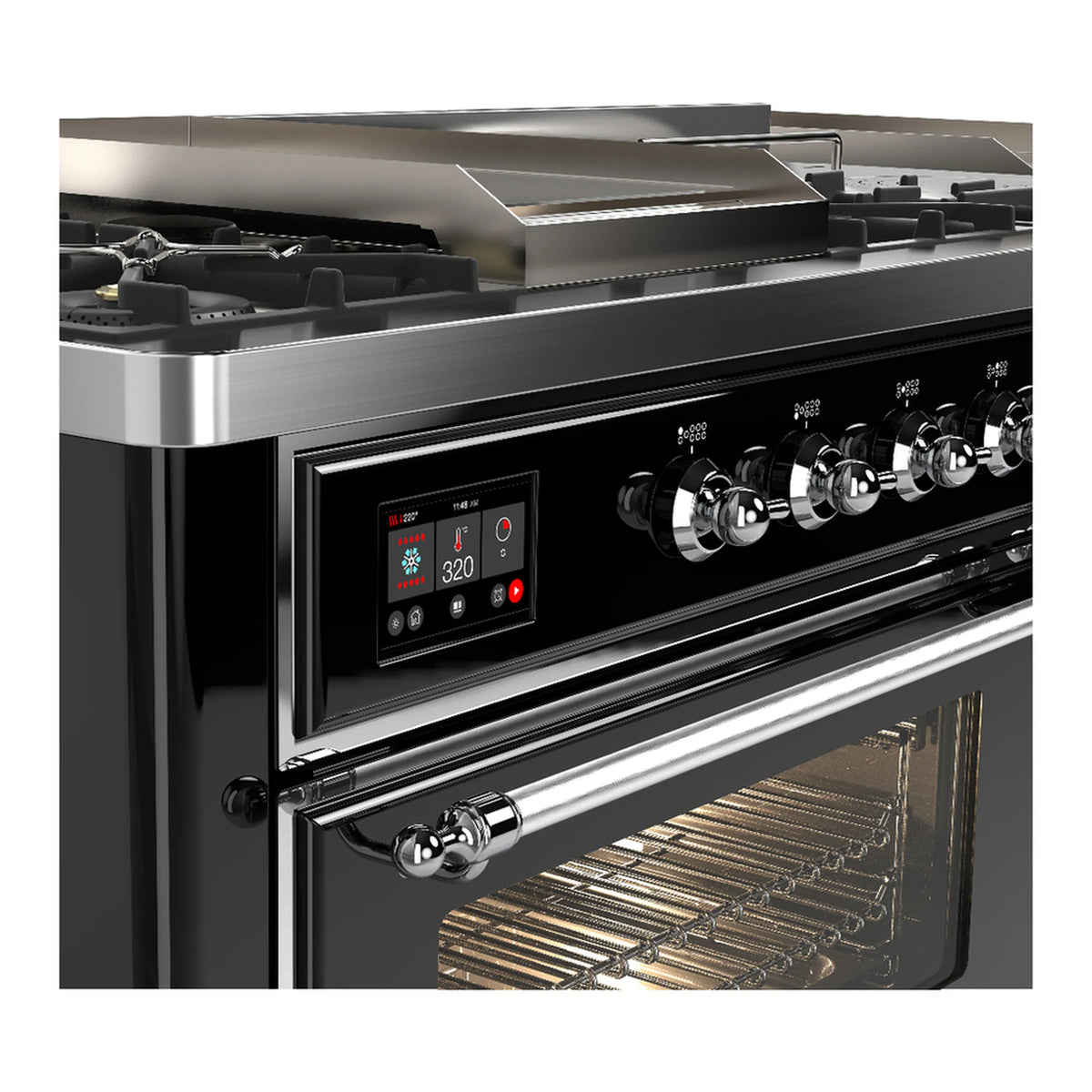 ILVE Majestic III 60-inch Dual Fuel Range with 7 Natural Gas Burner, Griddle, French Top and Triple Glass Door Electric Oven in Glossy Black with Chrome Trim (UM60FSNR3BKC)