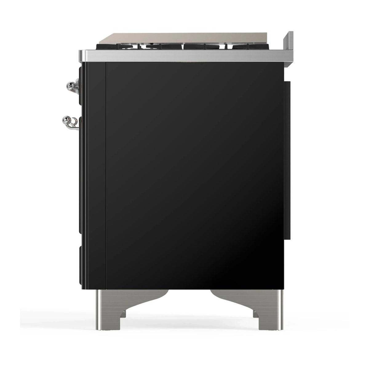 ILVE Majestic III 60-inch Dual Fuel Range with 7 Natural Gas Burner, Griddle, French Top and Triple Glass Door Electric Oven in Glossy Black with Chrome Trim (UM60FSNR3BKC)