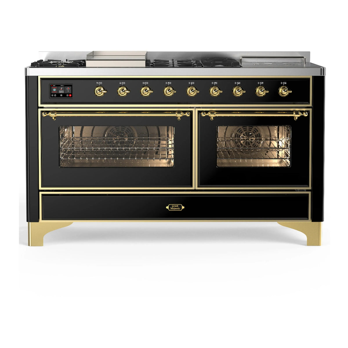 ILVE Majestic III 60-Inch LP Dual Fuel Range, 5 Burners, Griddle, French Top, Triple Glass Door, Glossy Black, Brass Trim (UM60FSNR3BKGLP)