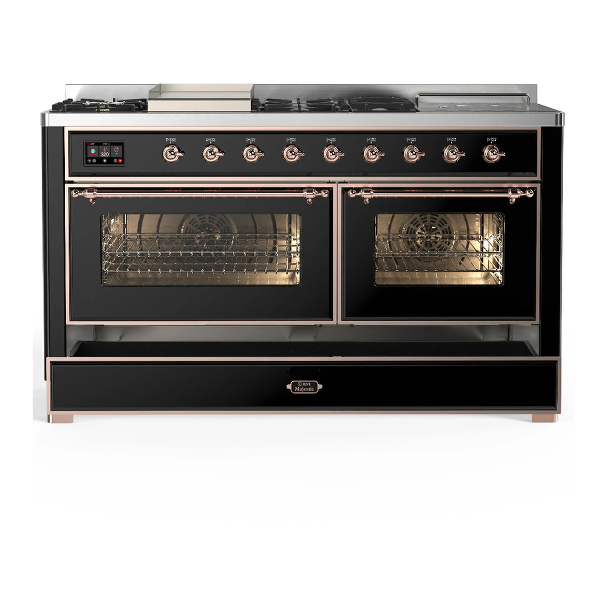 ILVE Majestic III 60-inch Dual Fuel Range with 5 Liquid Propane Burner, Griddle, French Top and Triple Glass Door Electric Oven in Glossy Black with Copper Trim (UM60FSNR3BKPLP)