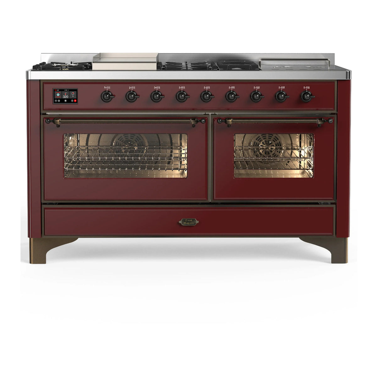 ILVE Majestic III 60-inch Dual Fuel Range with 7 Natural Gas Burner, Griddle, French Top and Triple Glass Door Electric Oven in Burgundy with Burnished Trim (UM60FSNR3BUB)