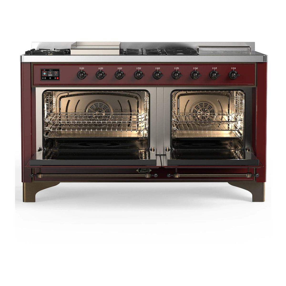 ILVE Majestic III 60-inch Dual Fuel Range with 7 Natural Gas Burner, Griddle, French Top and Triple Glass Door Electric Oven in Burgundy with Burnished Trim (UM60FSNR3BUB)