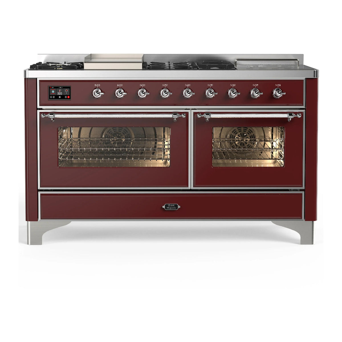 ILVE Majestic III 60-inch Dual Fuel Range with 5 Liquid Propane Burner, Griddle, French Top and Triple Glass Door Electric Oven in Burgundy with Chrome Trim (UM60FSNR3BUCLP)