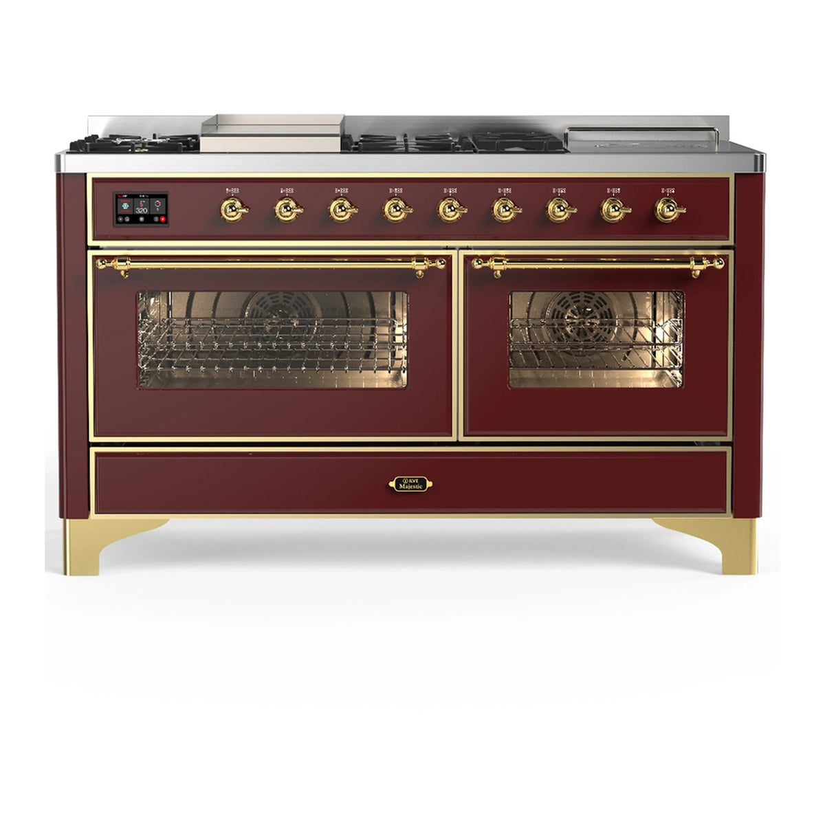 ILVE Majestic III 60-Inch LP Dual Fuel Range, 5 Burners, Griddle, French Top, Triple Glass Door, Burgundy, Brass Trim (UM60FSNR3BUGLP)