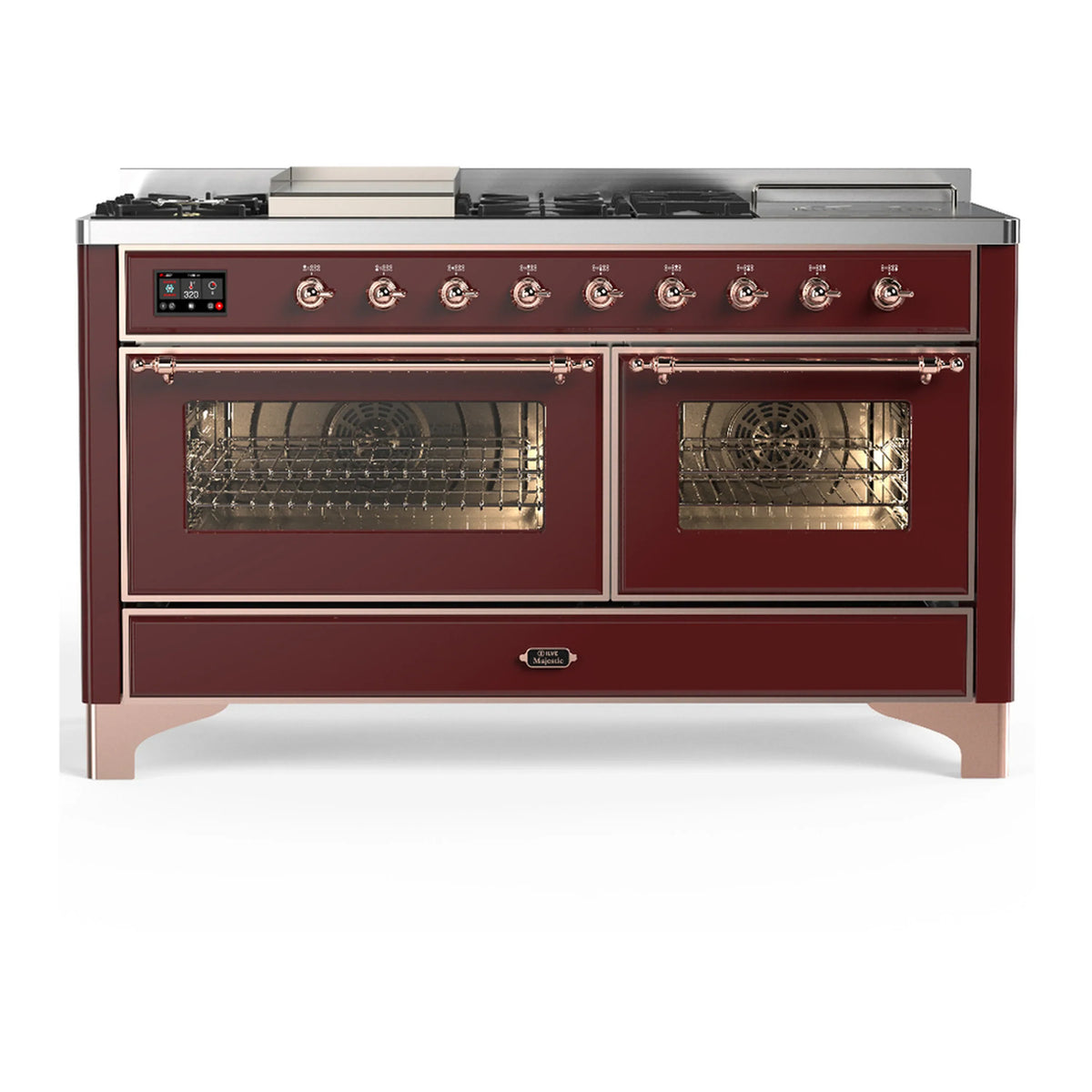 ILVE Majestic III 60-inch Dual Fuel Range with 5 Liquid Propane Burner, Griddle, French Top and Triple Glass Door Electric Oven in Burgundy with Copper Trim (UM60FSNR3BUPLP)