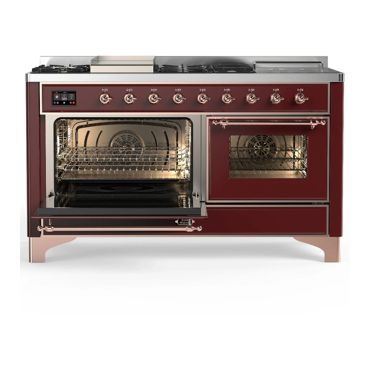 ILVE Majestic III 60-inch Dual Fuel Range with 5 Liquid Propane Burner, Griddle, French Top and Triple Glass Door Electric Oven in Burgundy with Copper Trim (UM60FSNR3BUPLP)