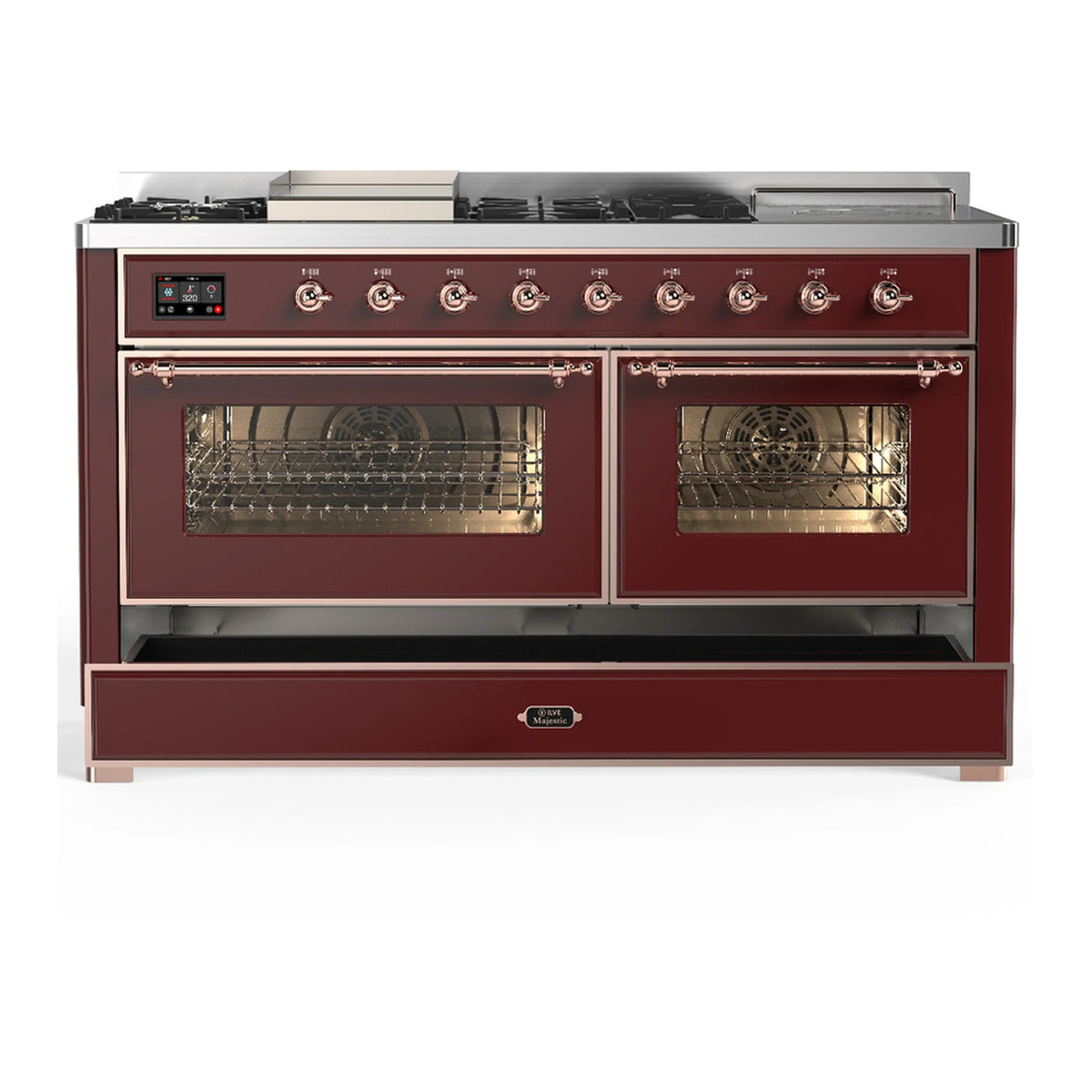 ILVE Majestic III 60-inch Dual Fuel Range with 5 Liquid Propane Burner, Griddle, French Top and Triple Glass Door Electric Oven in Burgundy with Copper Trim (UM60FSNR3BUPLP)