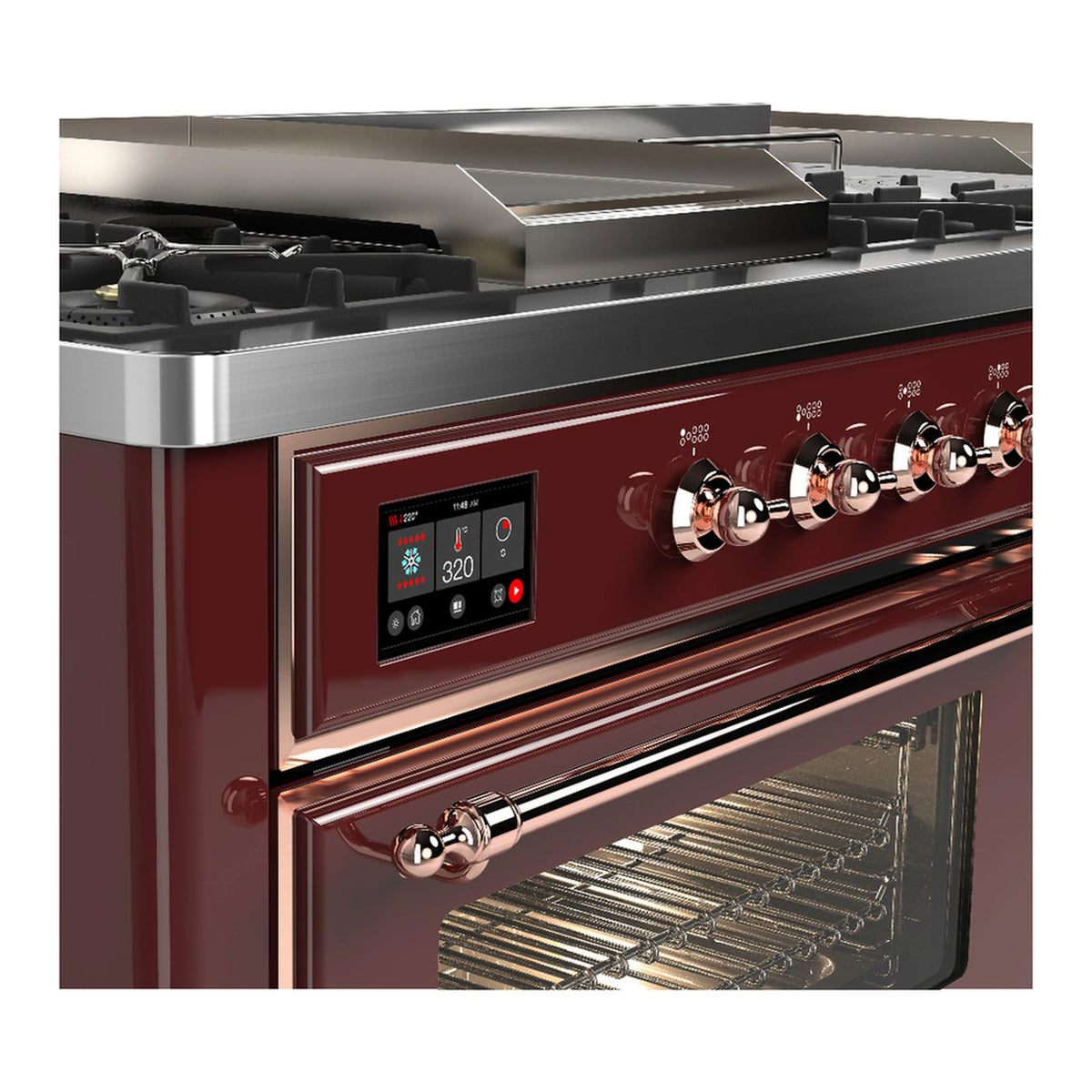 ILVE Majestic III 60-inch Dual Fuel Range with 5 Liquid Propane Burner, Griddle, French Top and Triple Glass Door Electric Oven in Burgundy with Copper Trim (UM60FSNR3BUPLP)