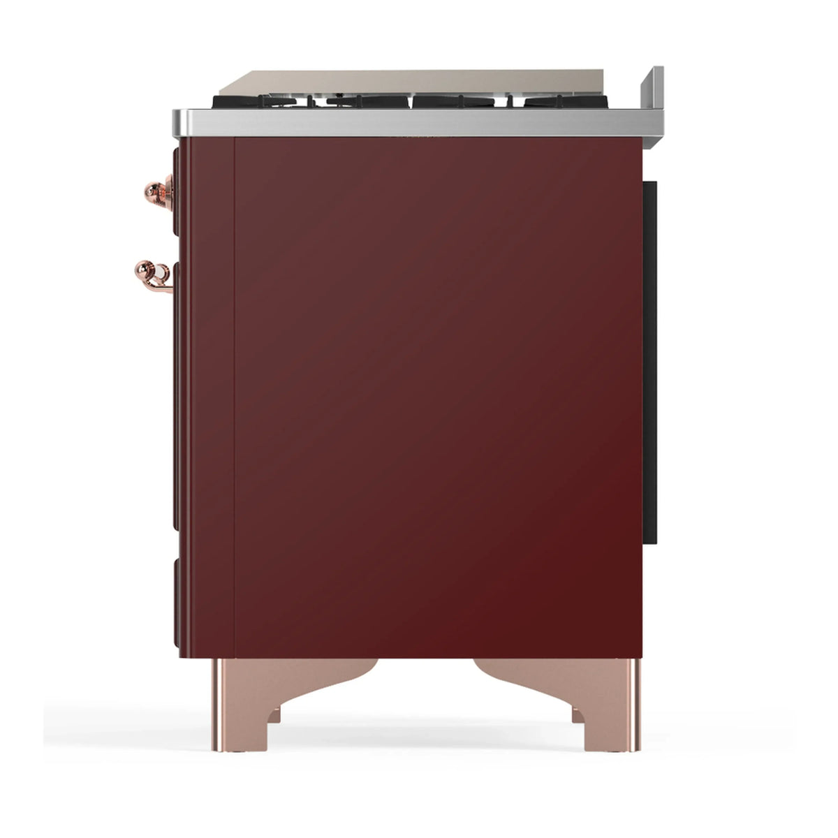 ILVE Majestic III 60-inch Dual Fuel Range with 7 Natural Gas Burner, Griddle, French Top and Triple Glass Door Electric Oven in Burgundy with Copper Trim (UM60FSNR3BUP)