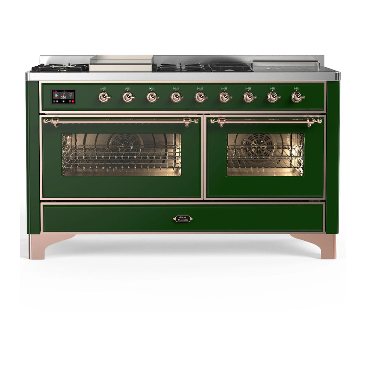 ILVE Majestic III 60-inch Dual Fuel Range with 5 Liquid Propane Burner, Griddle, French Top and Triple Glass Door Electric Oven in Emerald Green with Copper Trim (UM60FSNR3EGPLP)