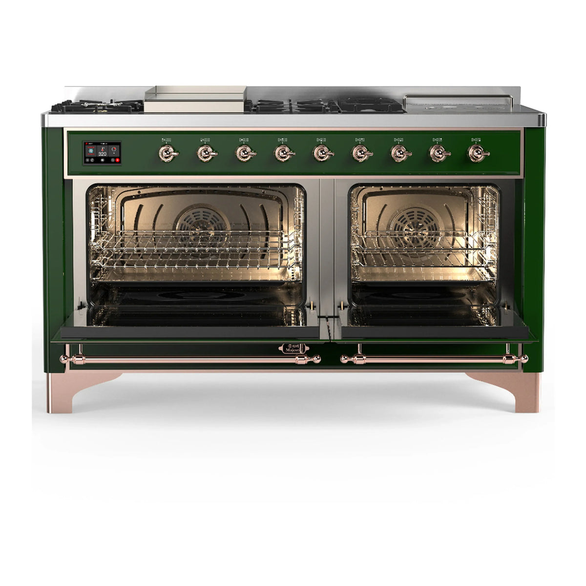 ILVE Majestic III 60-inch Dual Fuel Range with 5 Liquid Propane Burner, Griddle, French Top and Triple Glass Door Electric Oven in Emerald Green with Copper Trim (UM60FSNR3EGPLP)