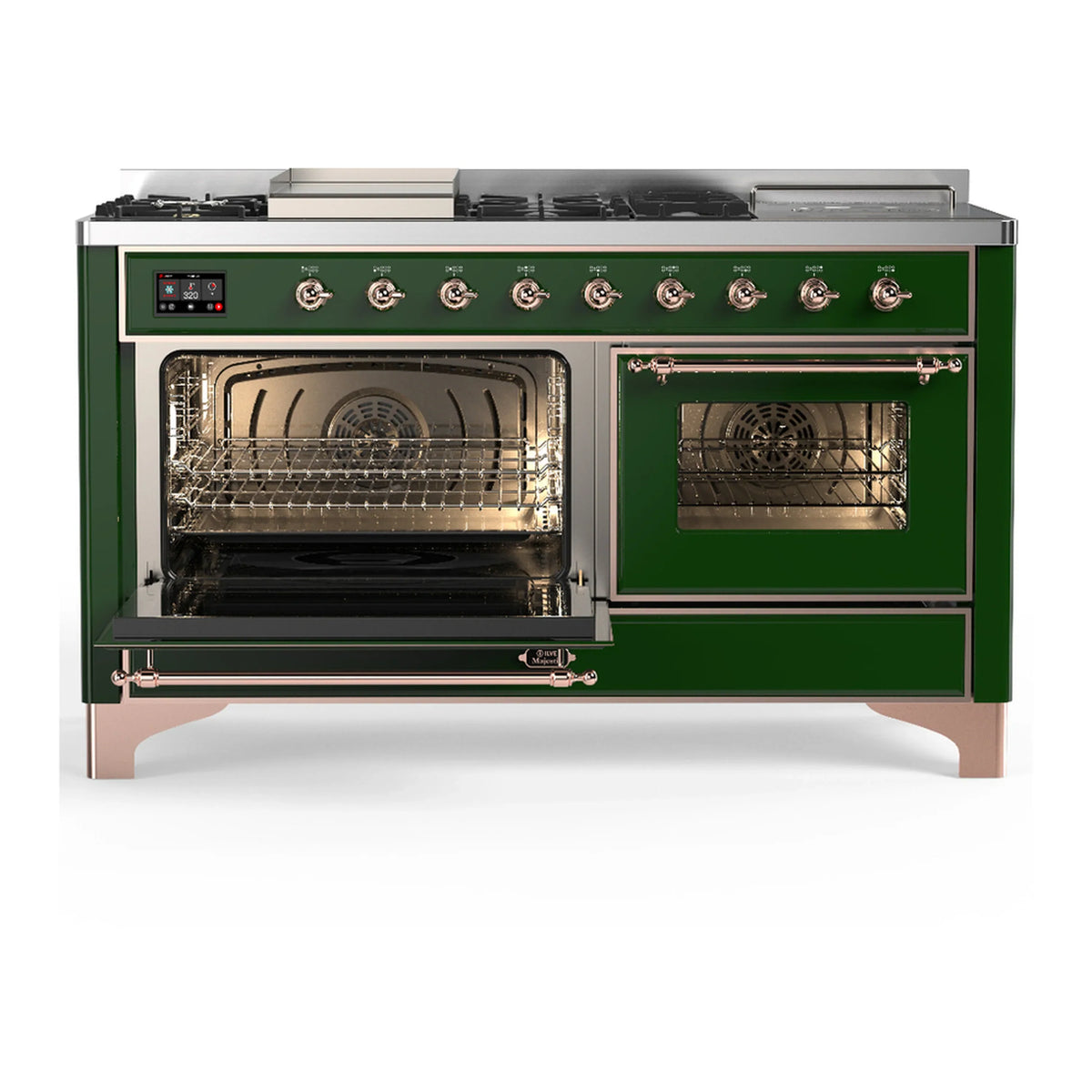 ILVE Majestic III 60-inch Dual Fuel Range with 5 Liquid Propane Burner, Griddle, French Top and Triple Glass Door Electric Oven in Emerald Green with Copper Trim (UM60FSNR3EGPLP)