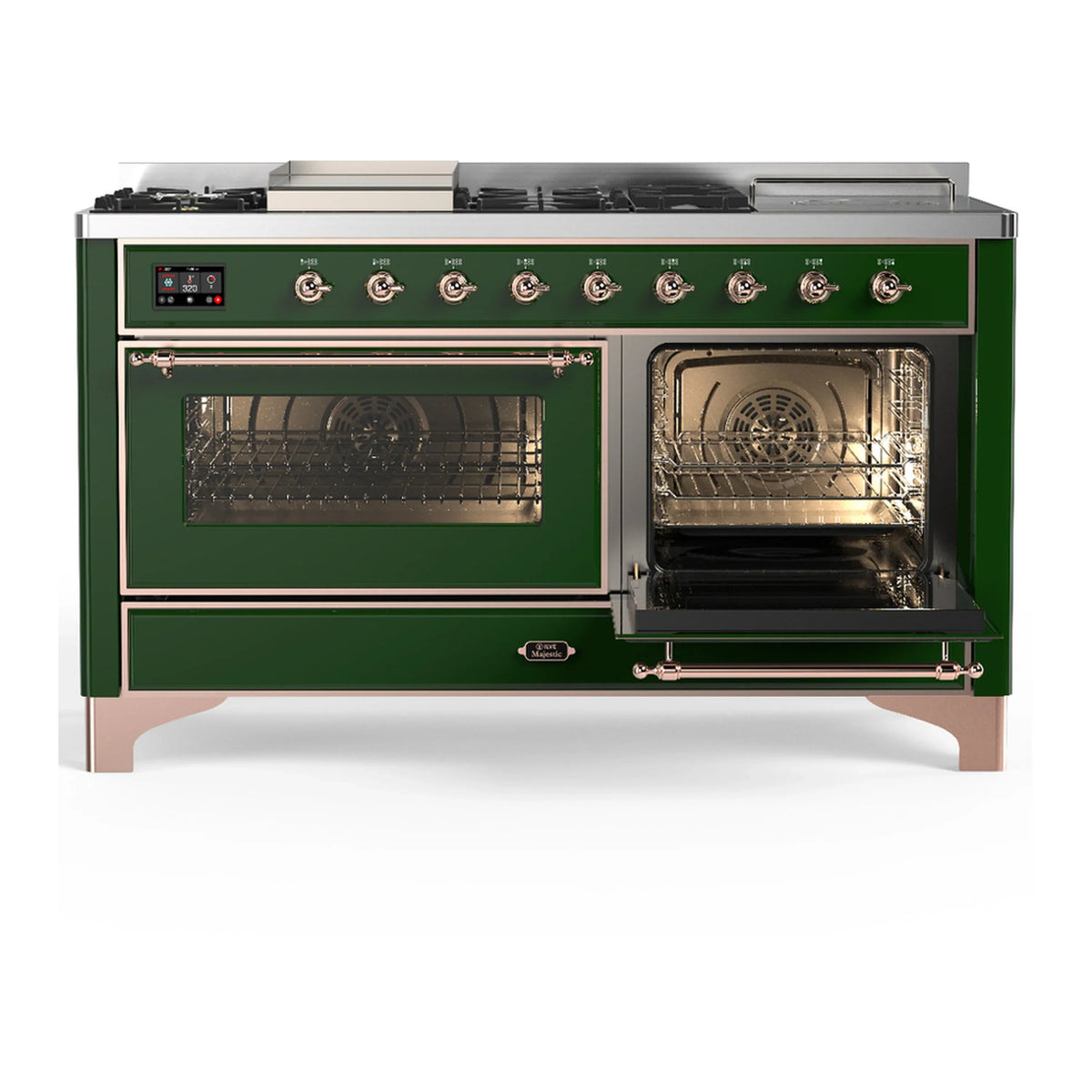 ILVE Majestic III 60-inch Dual Fuel Range with 5 Liquid Propane Burner, Griddle, French Top and Triple Glass Door Electric Oven in Emerald Green with Copper Trim (UM60FSNR3EGPLP)