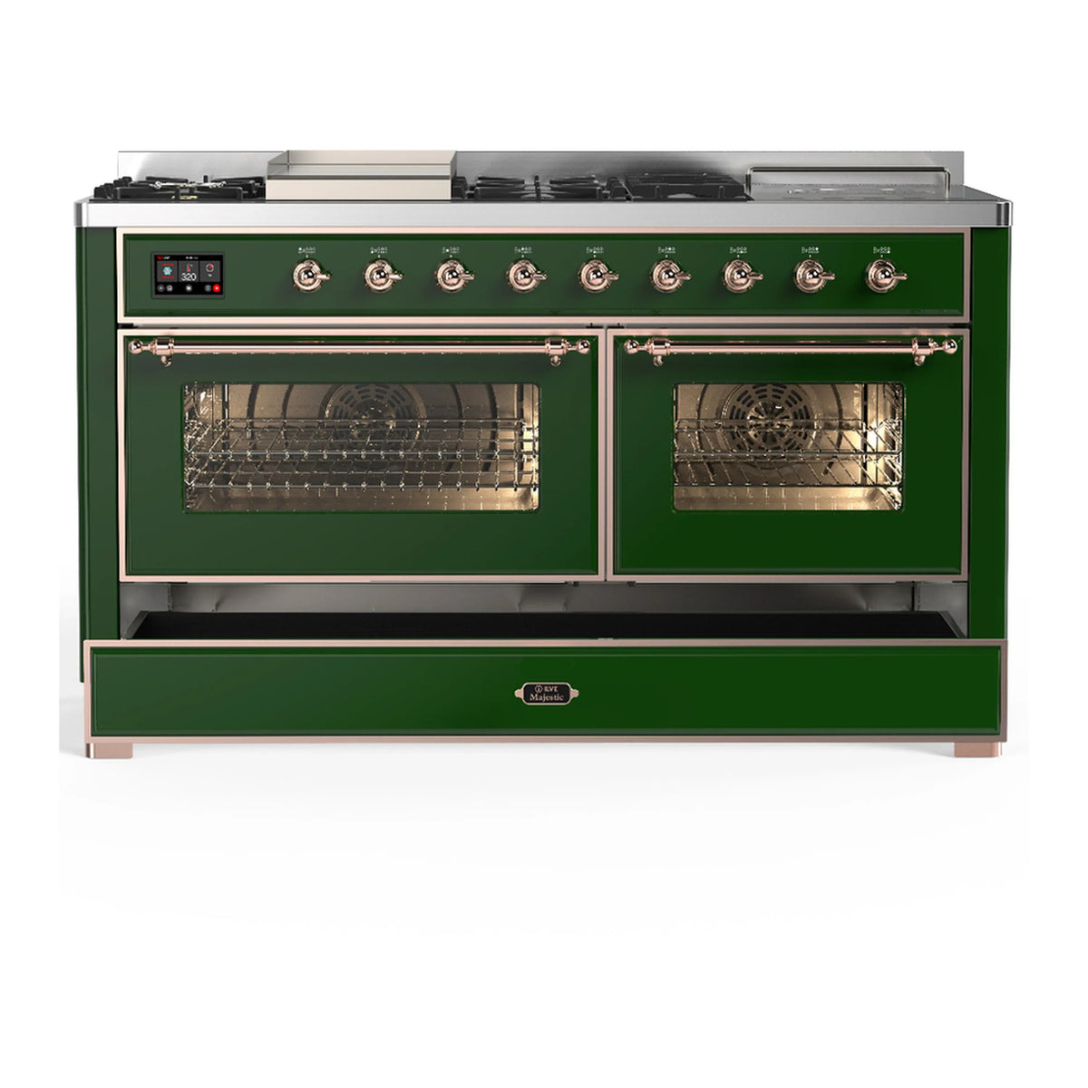 ILVE Majestic III 60-inch Dual Fuel Range with 5 Liquid Propane Burner, Griddle, French Top and Triple Glass Door Electric Oven in Emerald Green with Copper Trim (UM60FSNR3EGPLP)