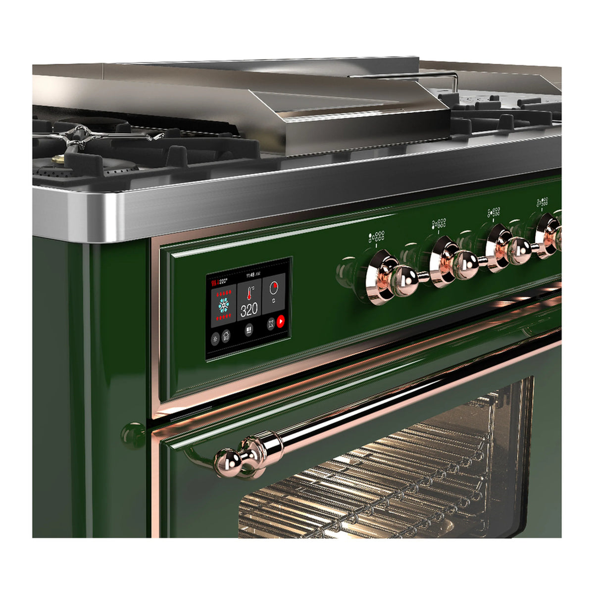 ILVE Majestic III 60-inch Dual Fuel Range with 7 Natural Gas Burner, Griddle, French Top and Triple Glass Door Electric Oven in Emerald Green with Copper Trim (UM60FSNR3EGP)