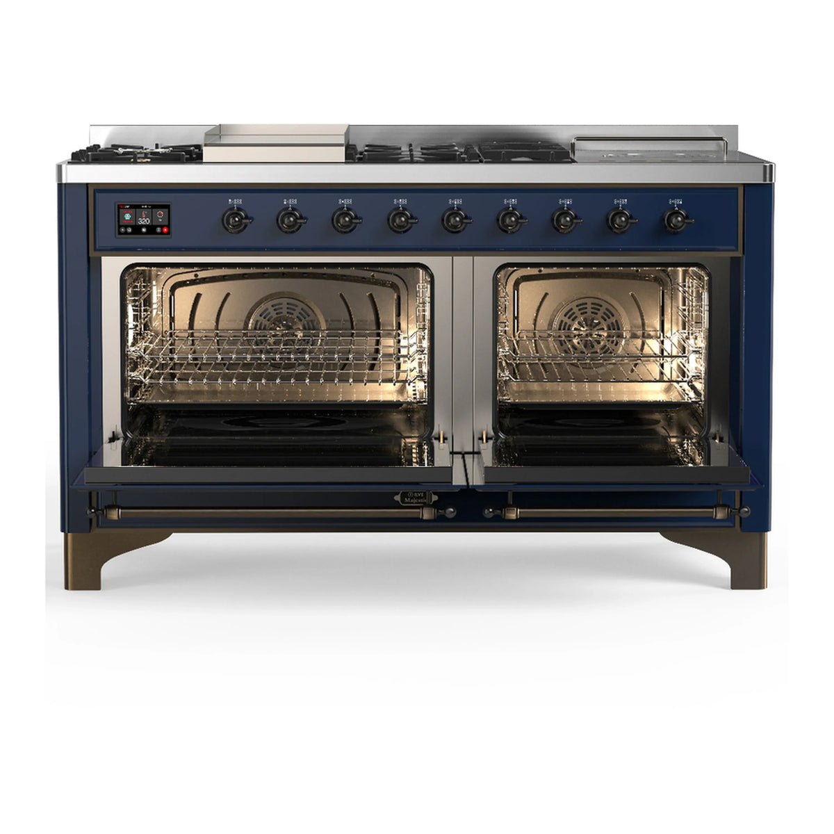 ILVE Majestic III 60-inch Dual Fuel Range with 7 Natural Gas Burner, Griddle, French Top and Triple Glass Door Electric Oven in Midnight Blue with Burnished Trim (UM60FSNR3MBB)