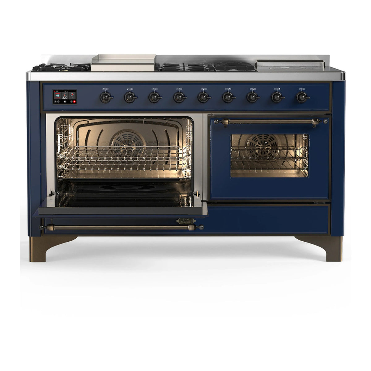 ILVE Majestic III 60-inch Dual Fuel Range with 7 Natural Gas Burner, Griddle, French Top and Triple Glass Door Electric Oven in Midnight Blue with Burnished Trim (UM60FSNR3MBB)