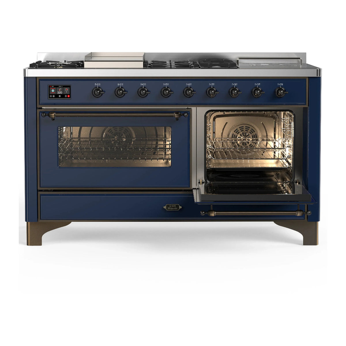 ILVE Majestic III 60-inch Dual Fuel Range with 7 Natural Gas Burner, Griddle, French Top and Triple Glass Door Electric Oven in Midnight Blue with Burnished Trim (UM60FSNR3MBB)