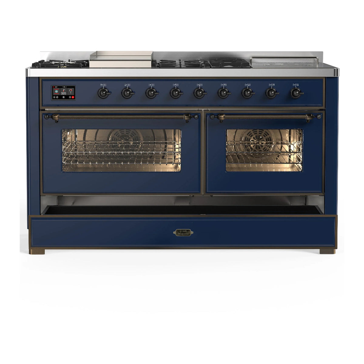 ILVE Majestic III 60-inch Dual Fuel Range with 7 Natural Gas Burner, Griddle, French Top and Triple Glass Door Electric Oven in Midnight Blue with Burnished Trim (UM60FSNR3MBB)