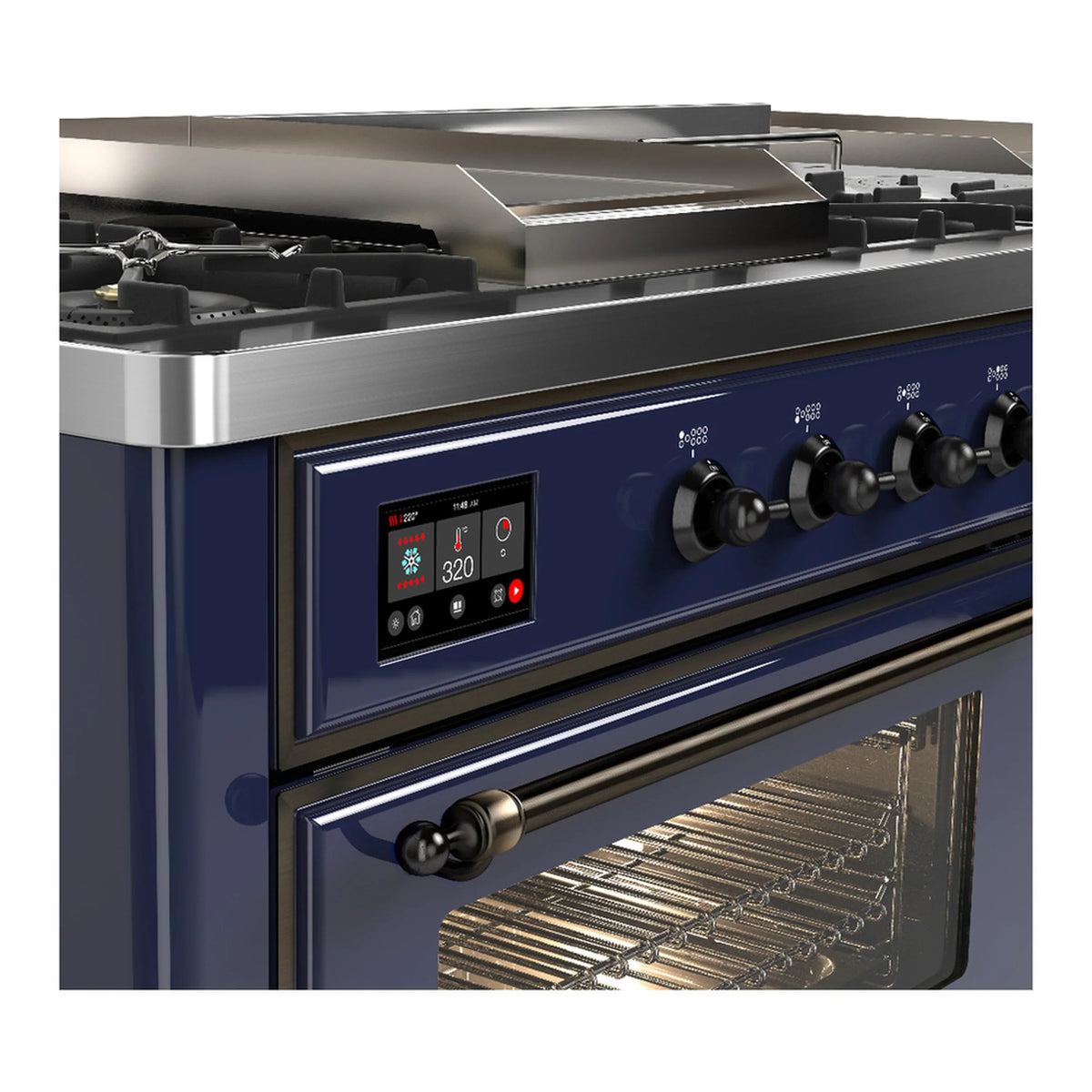 ILVE Majestic III 60-inch Dual Fuel Range with 7 Natural Gas Burner, Griddle, French Top and Triple Glass Door Electric Oven in Midnight Blue with Burnished Trim (UM60FSNR3MBB)