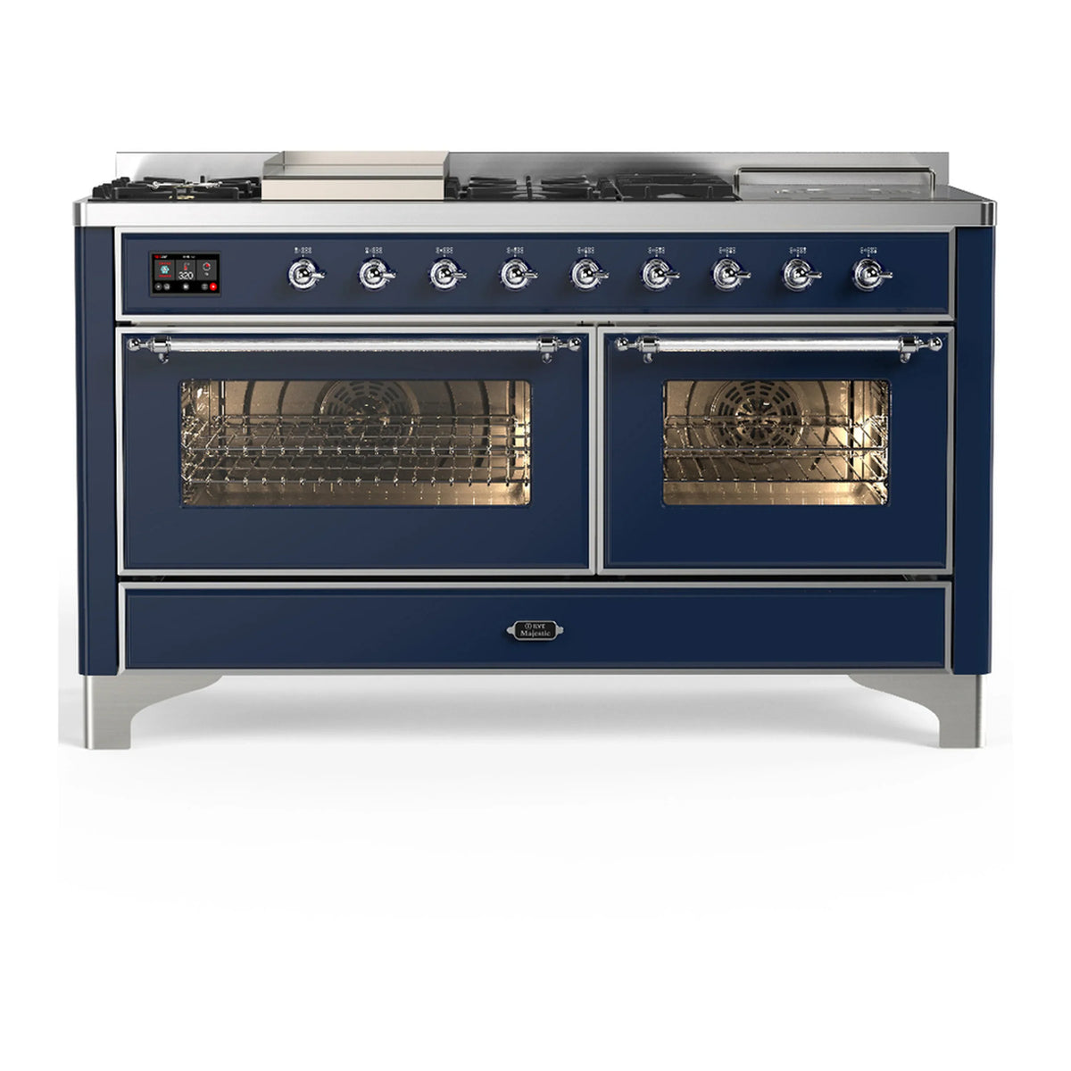 ILVE Majestic III 60-inch Dual Fuel Range with 5 Liquid Propane Burner, Griddle, French Top and Triple Glass Door Electric Oven in Midnight Blue with Chrome Trim (UM60FSNR3MBCLP)