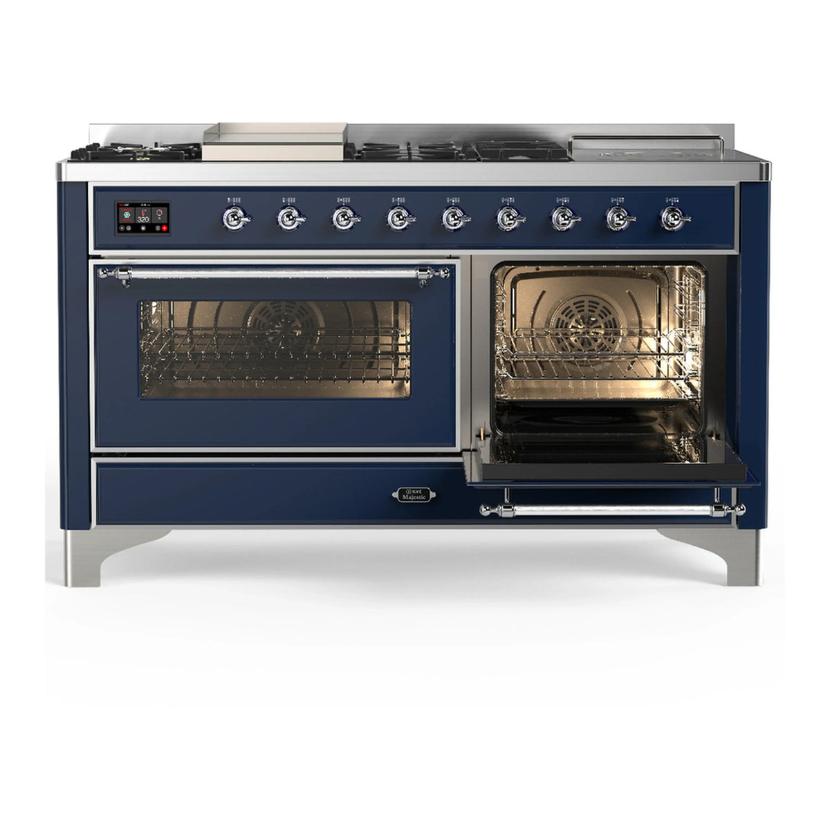 ILVE Majestic III 60-inch Dual Fuel Range with 5 Liquid Propane Burner, Griddle, French Top and Triple Glass Door Electric Oven in Midnight Blue with Chrome Trim (UM60FSNR3MBCLP)