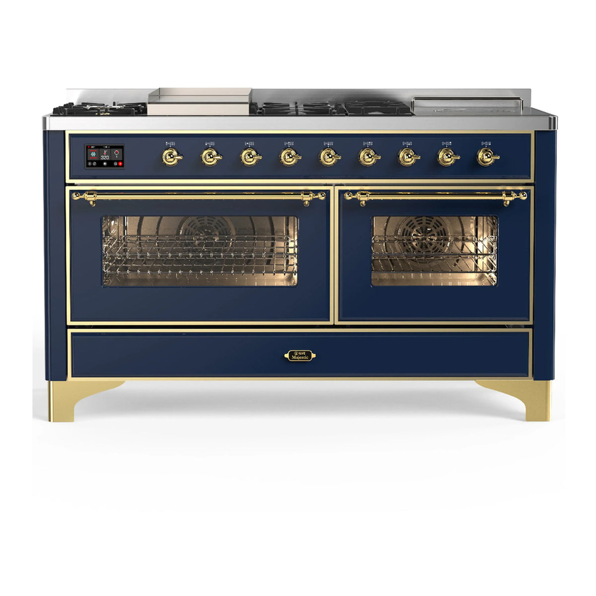 ILVE Majestic III 60-Inch NG Dual Fuel Range, 7 Burners, Griddle, French Top, Triple Glass Door, Midnight Blue with Brass Trim (UM60FSNR3MBG)