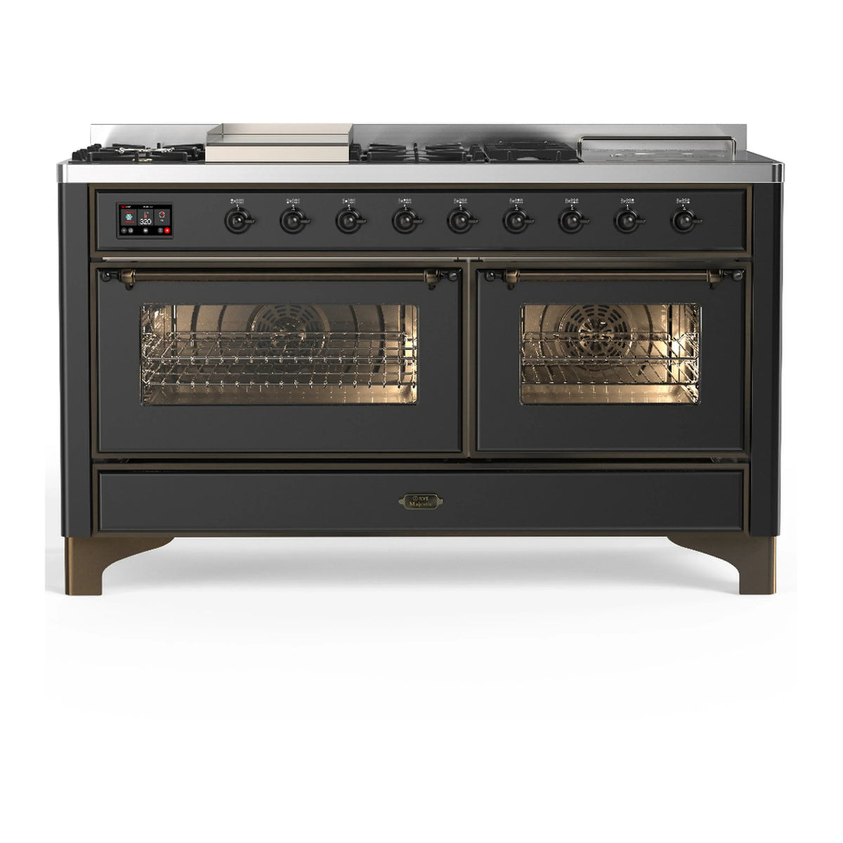ILVE Majestic III 60-Inch LP Dual Fuel Range, 5 Burners, Griddle, French Top, Triple Glass Door, Graphite Matte, Burnished Trim (UM60FSNR3MGBLP)