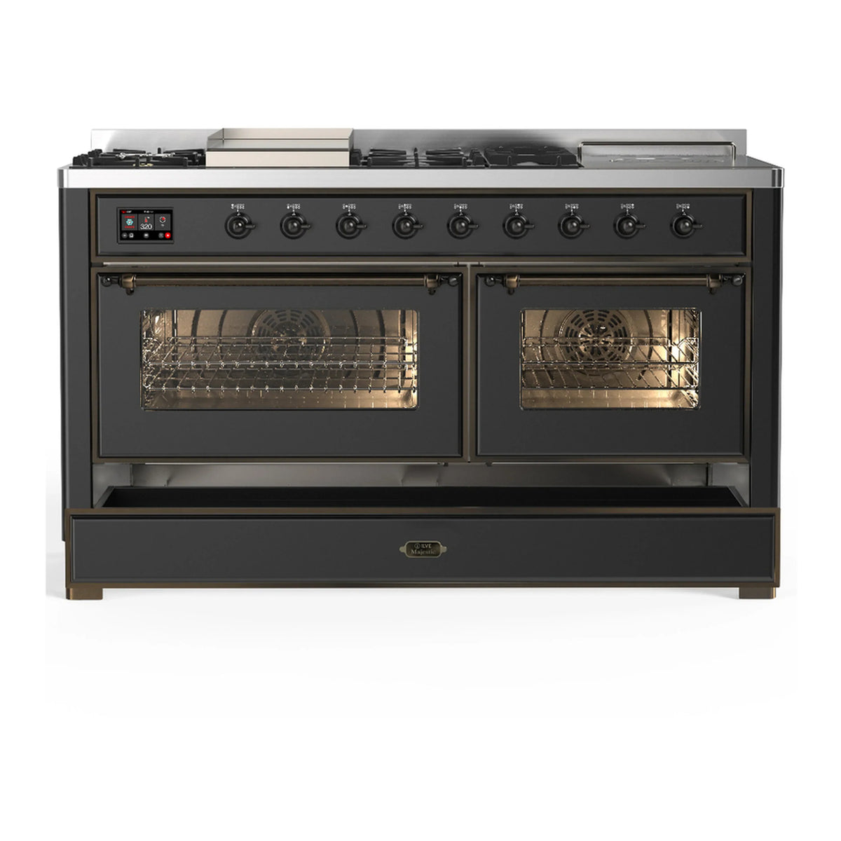 ILVE Majestic III 60-inch Dual Fuel Range with 7 Natural Gas Burner, Griddle, French Top and Triple Glass Door Electric Oven in Graphite Matte with Burnished Trim (UM60FSNR3MGB)